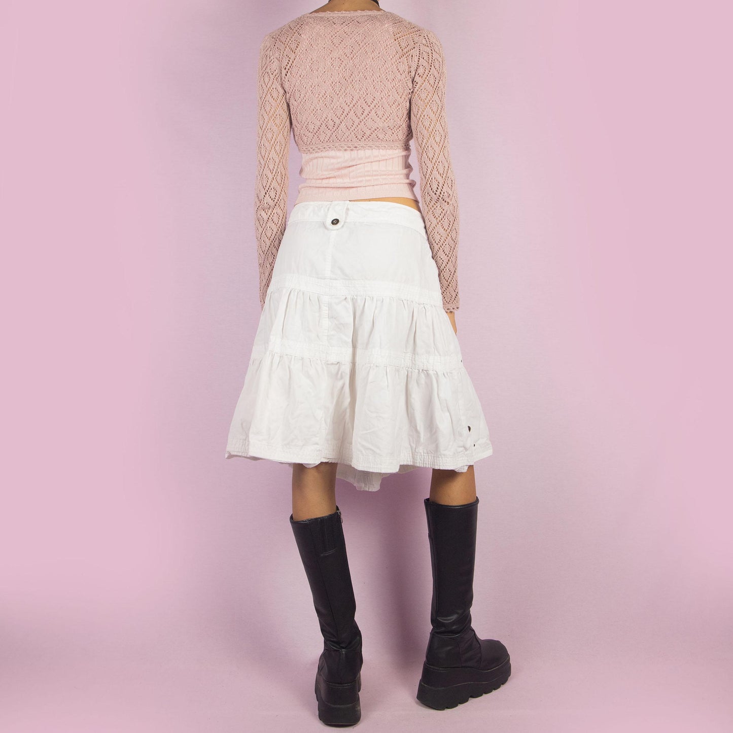 Vintage Y2K White Tiered Midi Skirt - Size L
