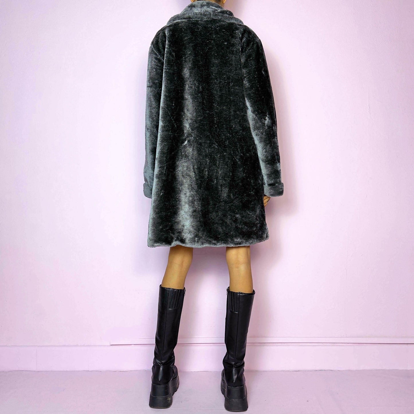 Vintage 90s Gray Faux Fur Coat, Silver Plush - Size L