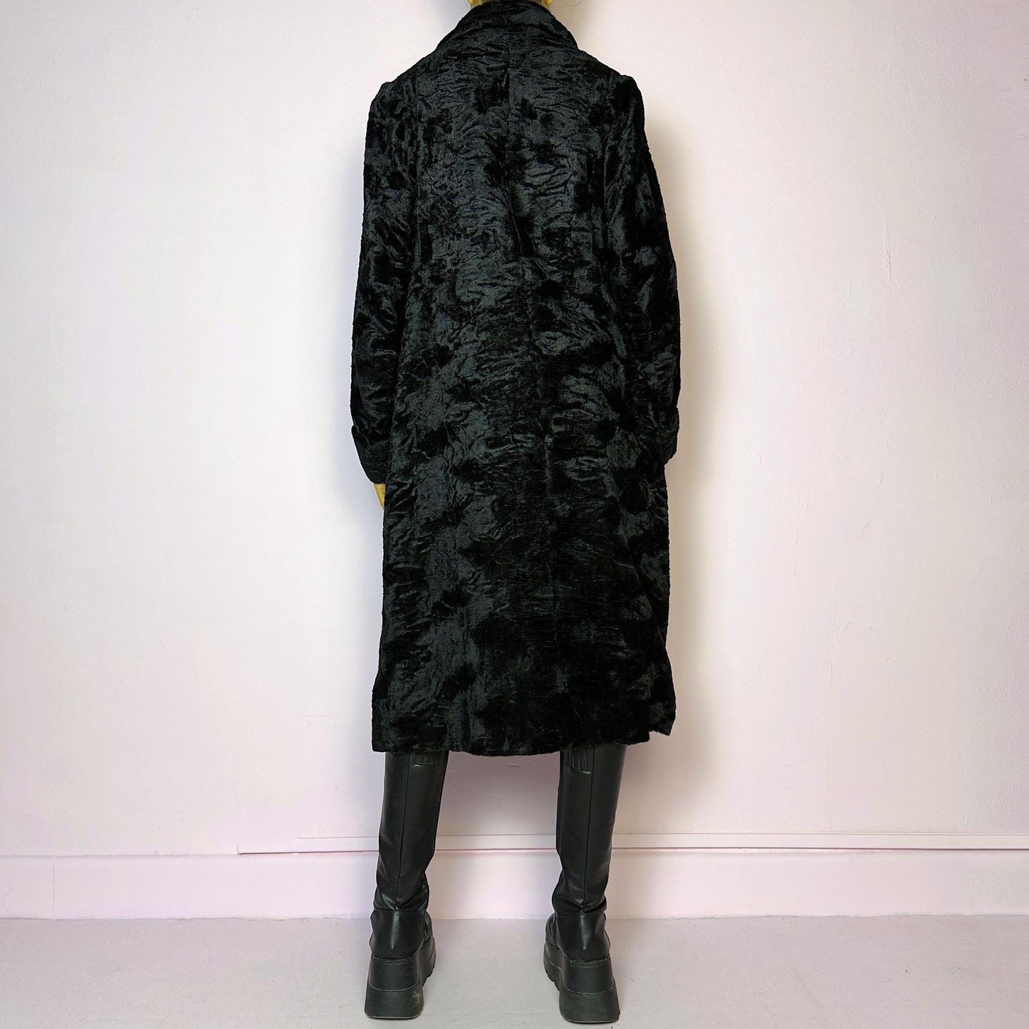 Vintage 90s Black Longline Faux Fur Coat – Size L