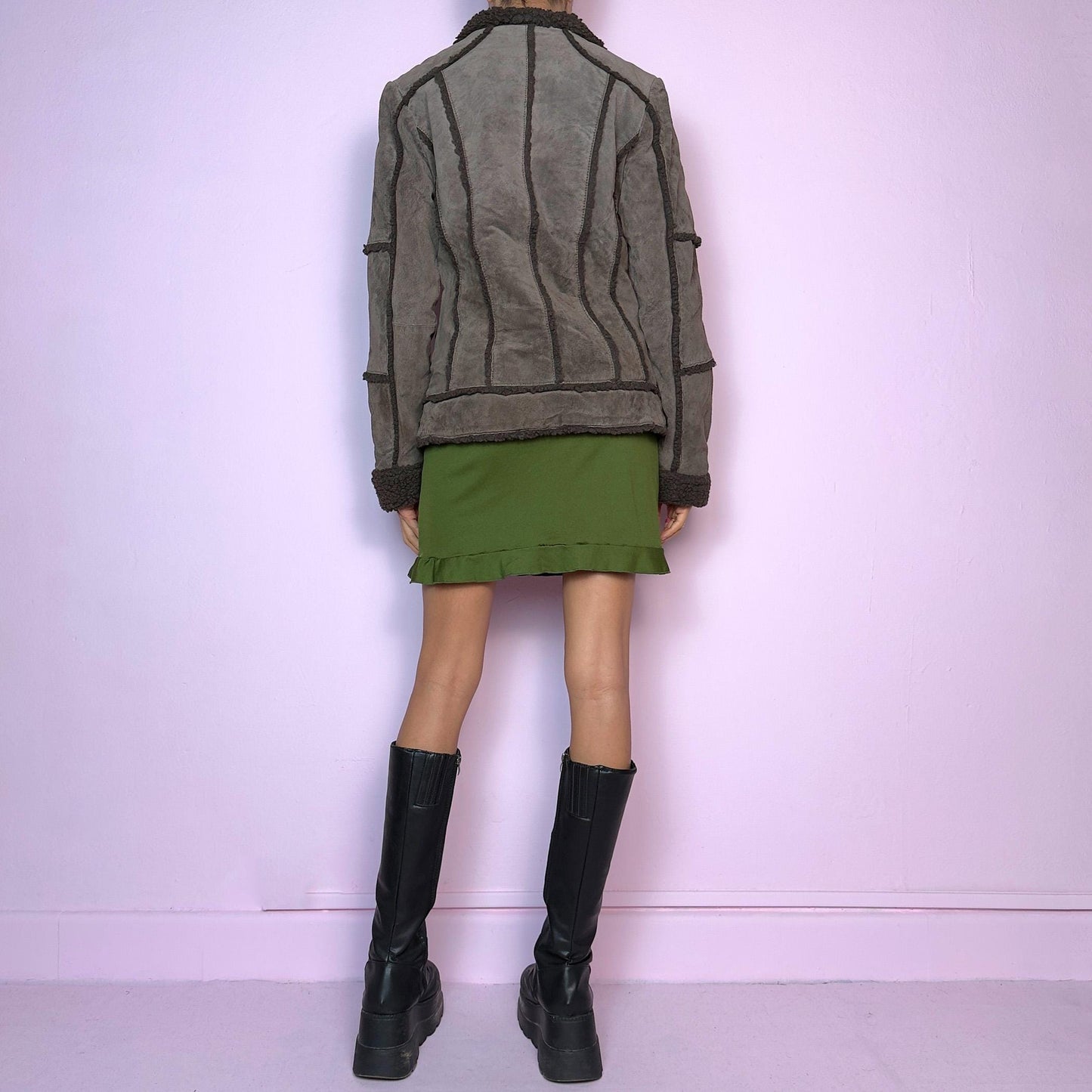 Vintage 90s Split Suede Leather Faux Shearling Brown Khaki Jacket – Size S