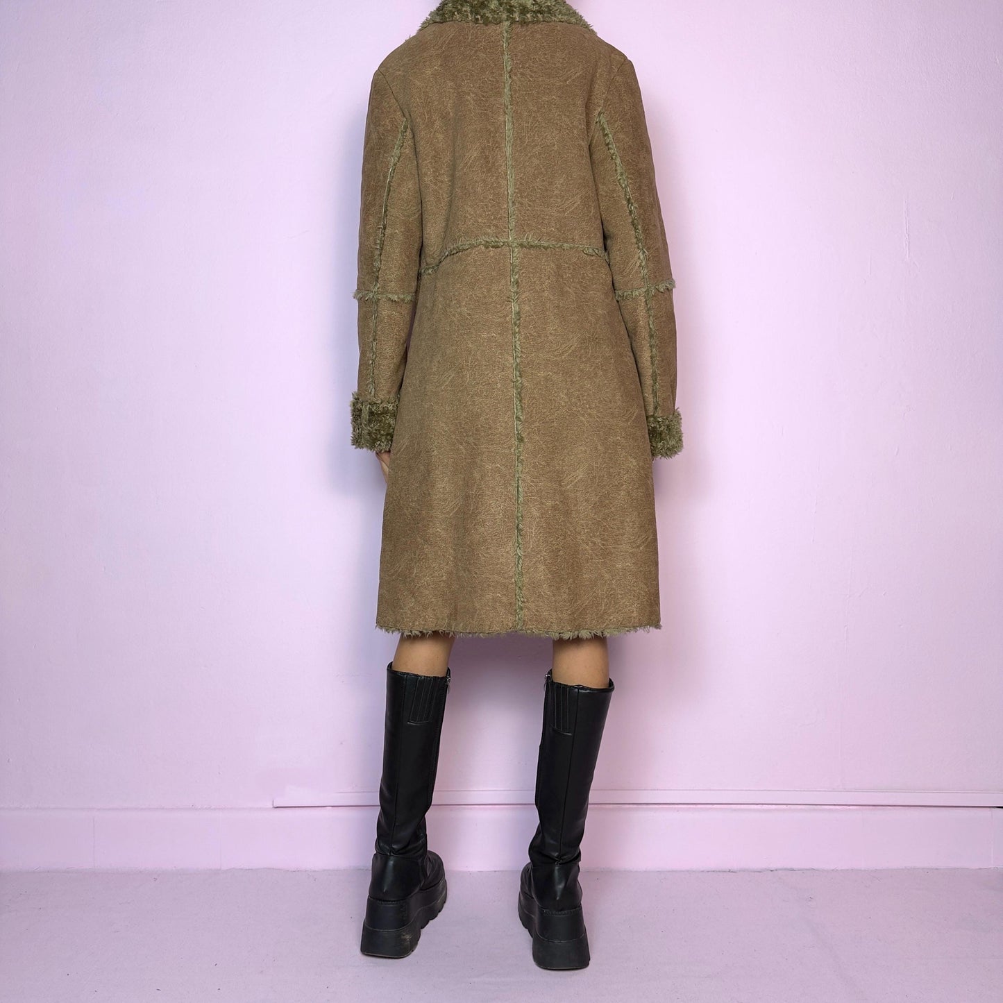 Vintage Y2K Brown Faux Suede Fur Long Penny Lane Coat – Size S