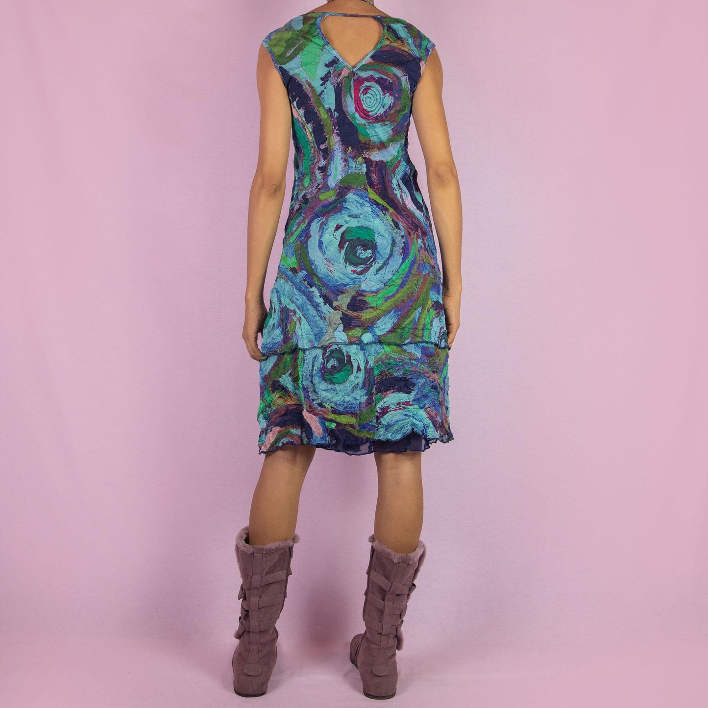 Vintage Y2K Mesh Art Print Layered Midi Dress – Size L