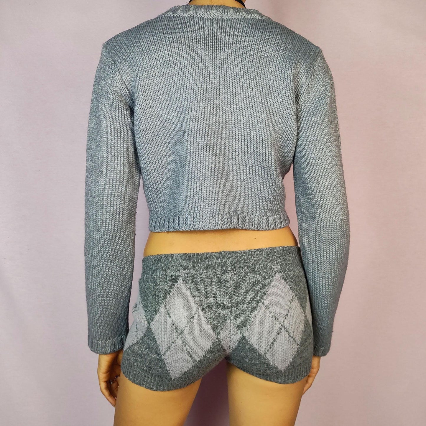 Vintage Y2K Gray V Neck Cropped Knit Cardigan – Size XS