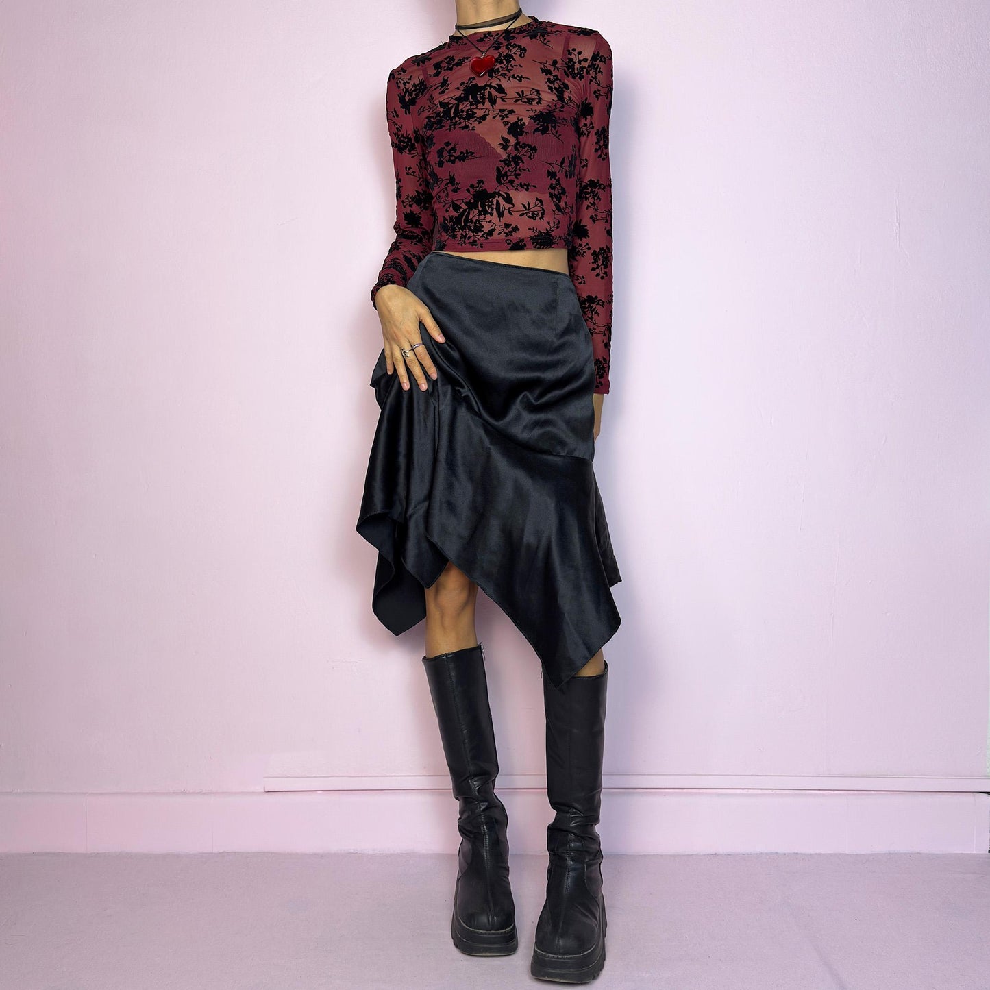Vintage Y2K Black Satin Asymmetric Handkerchief Midi Skirt – Size L