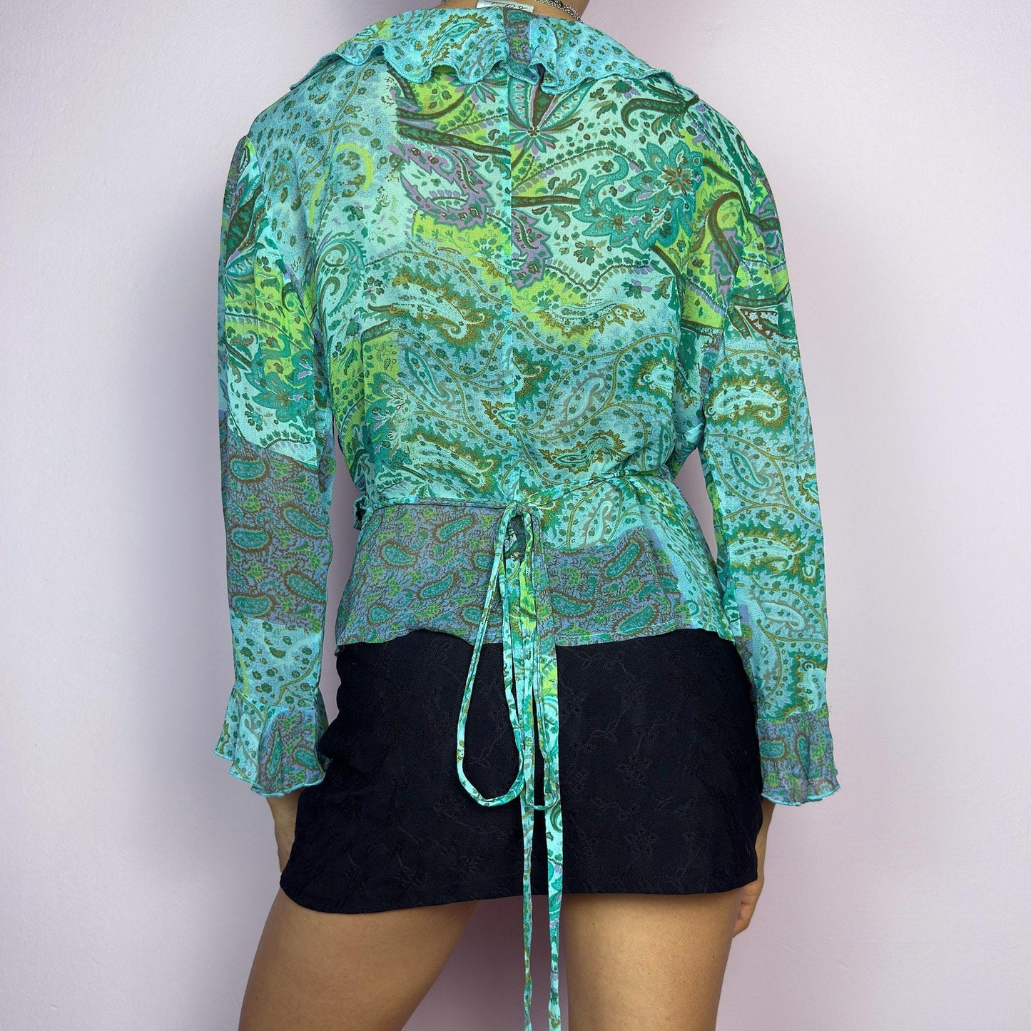 Vintage Y2K Green Blue Paisley Ruffle Tie Back Wrap Blouse – Size L