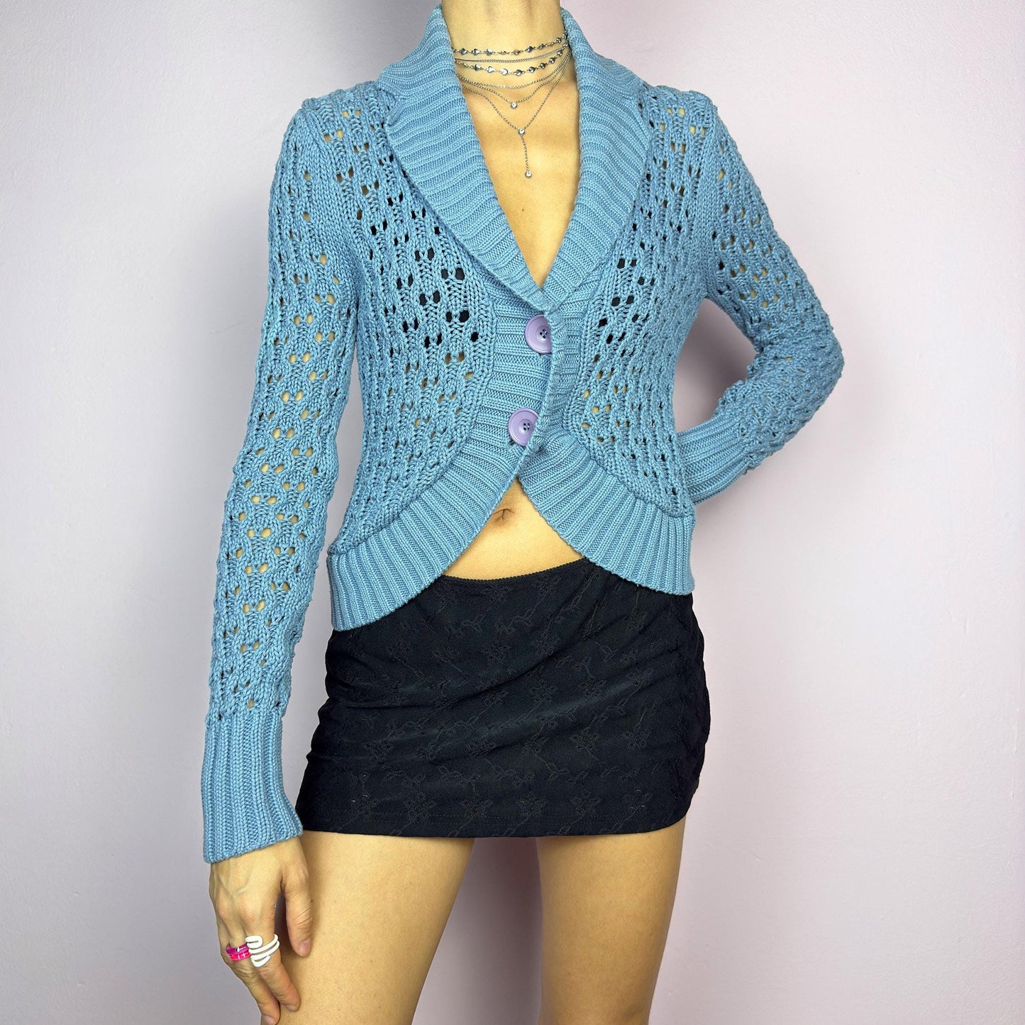 The Y2K Blue Open Knit Cardigan is a vintage 2000s charming and cozy bolero. This cropped cardigan features a textured open-knit design, a light blue tone and large buttons on the front. Perfect for layering to create a casual. adult world shop
