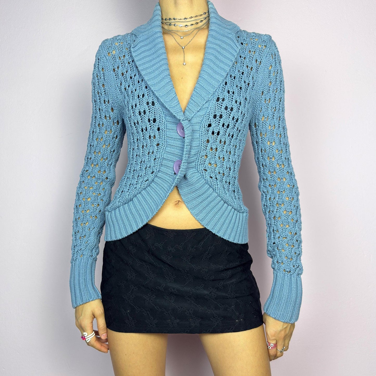 The Y2K Blue Open Knit Cardigan is a vintage 2000s charming and cozy bolero. This cropped cardigan features a textured open-knit design, a light blue tone and large buttons on the front. Perfect for layering to create a casual. adult world shop