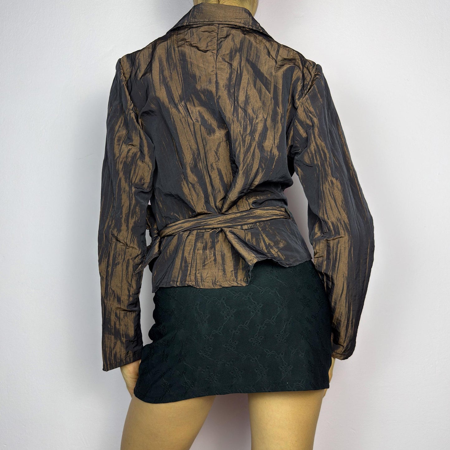 Vintage 90s Brown Iridescent Wrap Blouse, Crinkle Tie Shirt – Size M