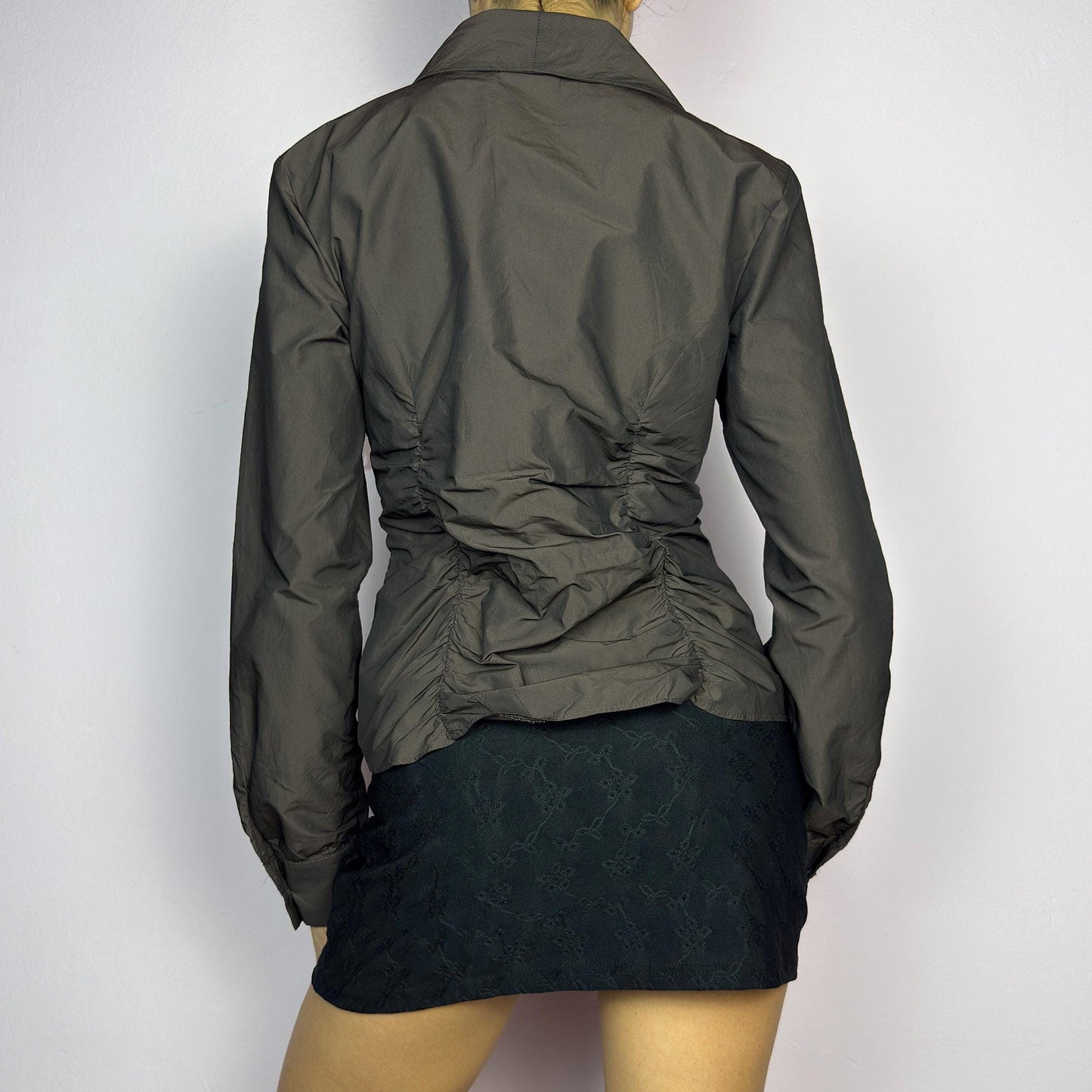 Vintage 90s Brown Ruched Blouse, Shirred Tailored – Size M