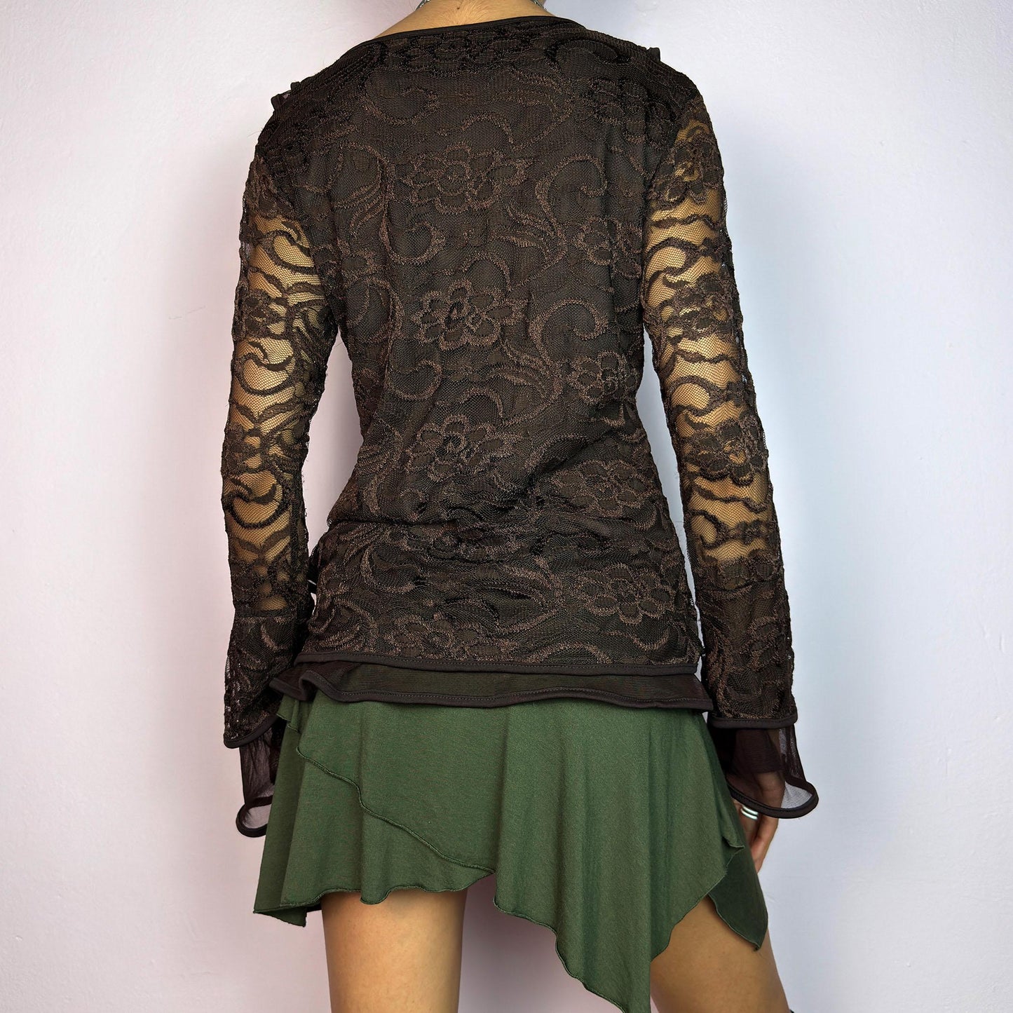 Vintage Y2K Brown Lace Ruffle Sheer Bell Sleeve Top – Size M