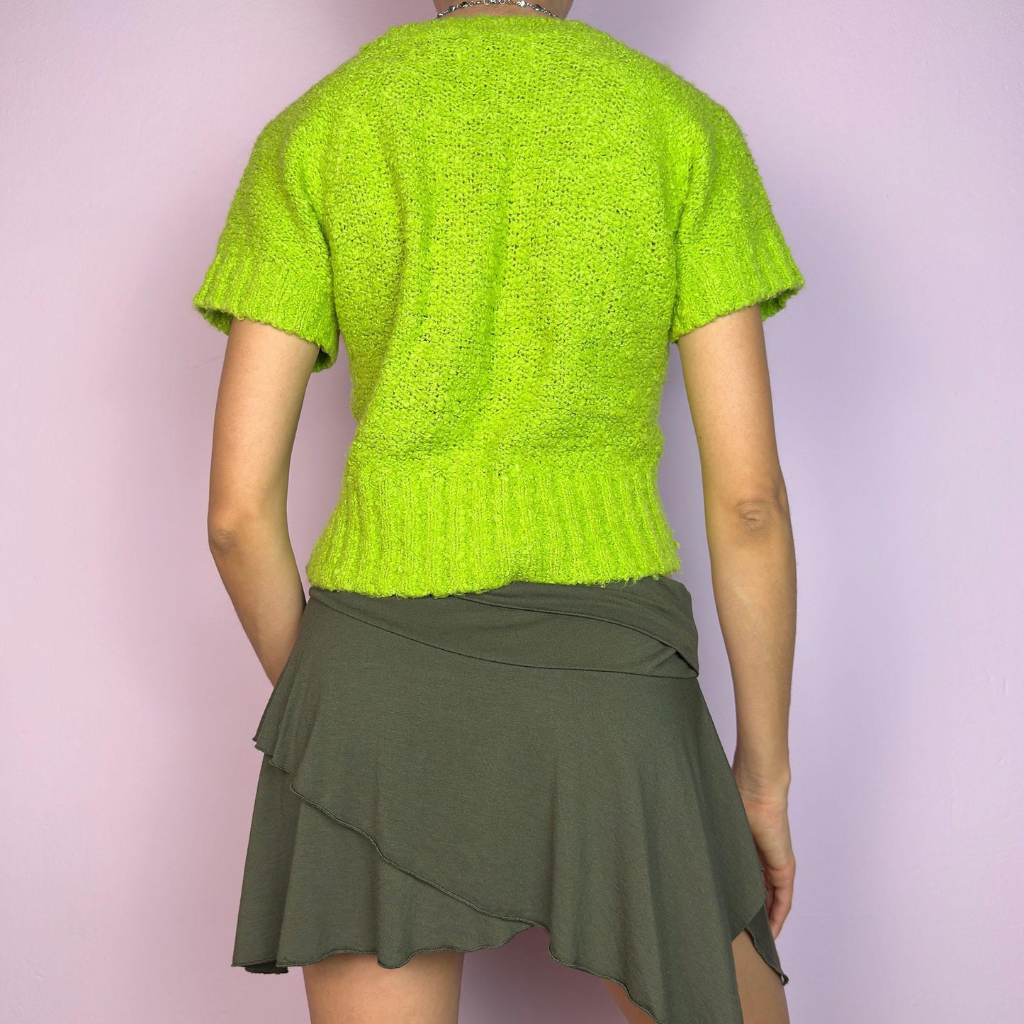 Vintage Y2K Lime Green Cropped Short Sleeve Knit Top – Size M