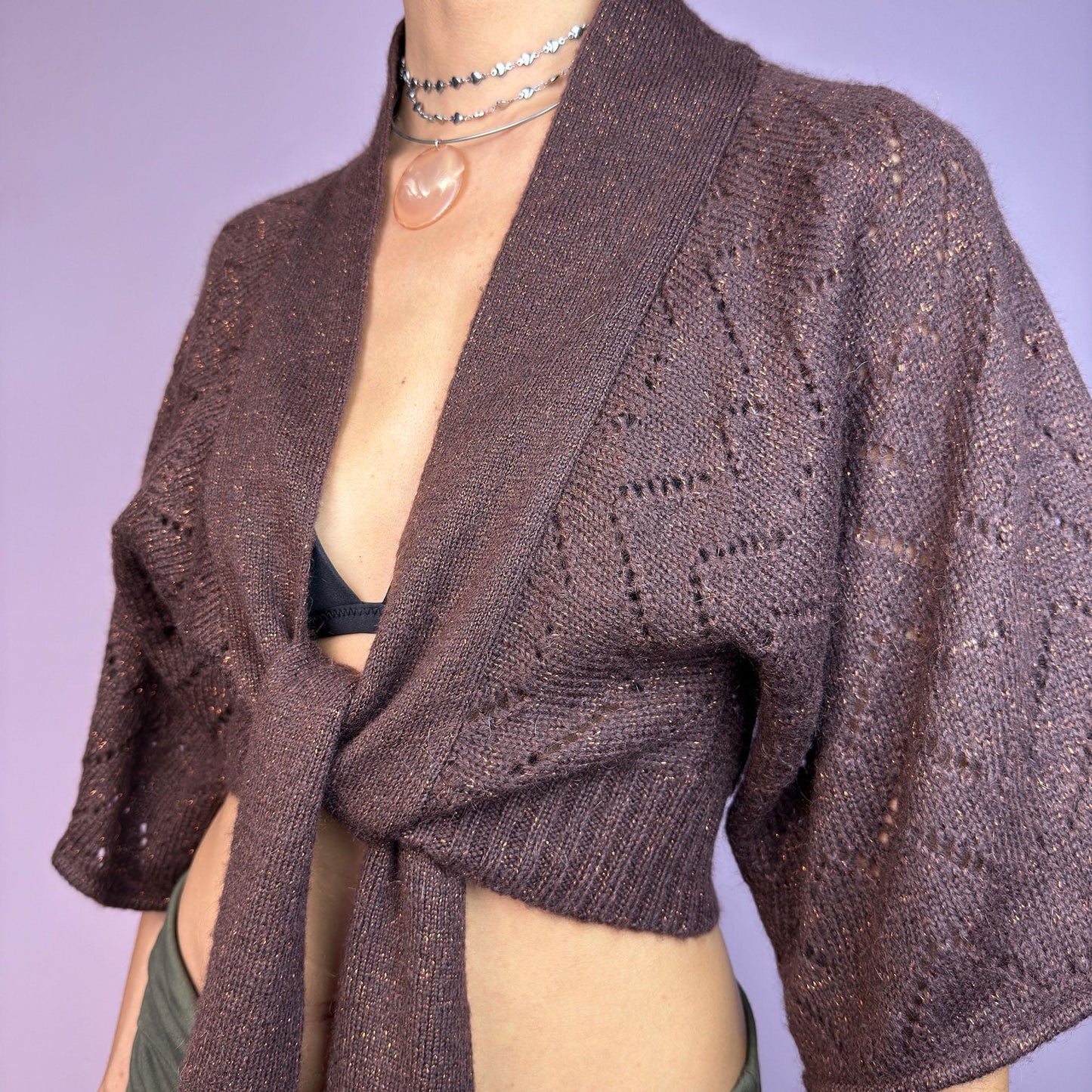 Vintage Y2K Brown Knit Tie Front Cropped Cardigan Bolero – Size L