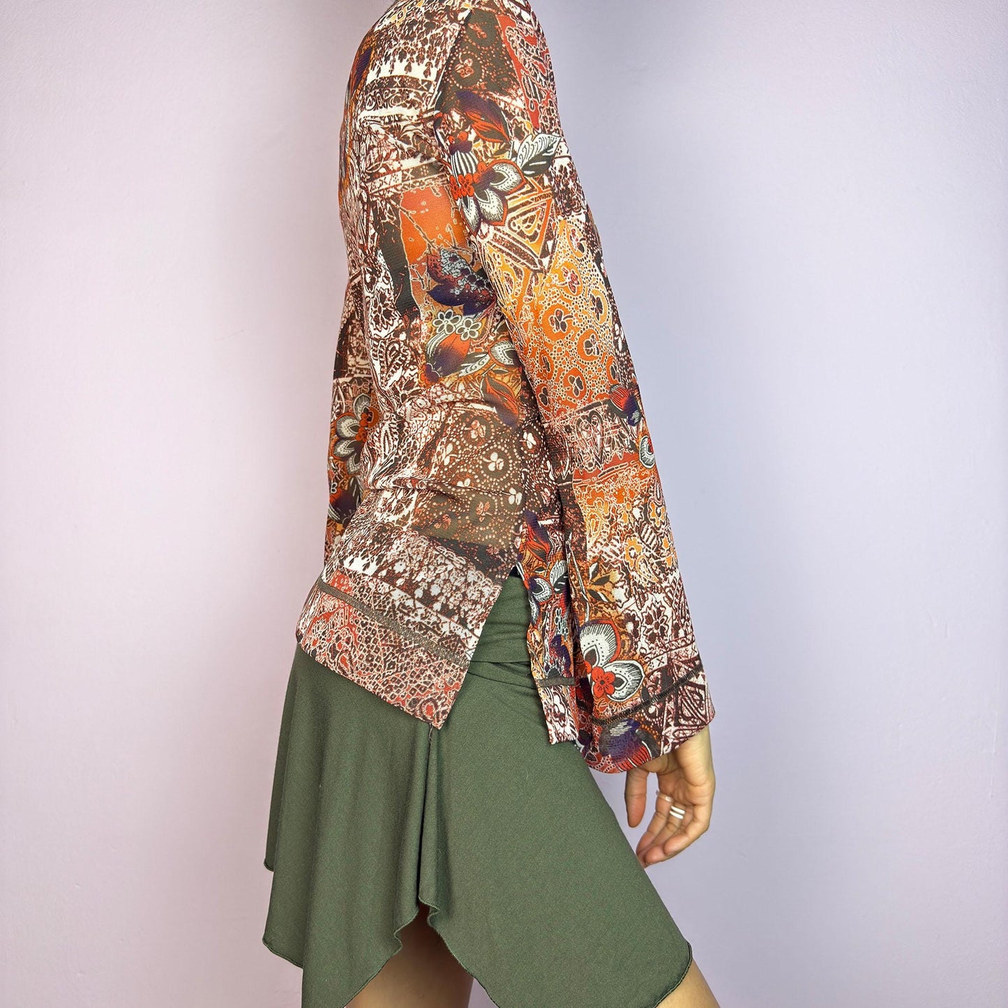 Vintage Y2K Floral Paisley Flared Sleeve Sheer Mesh Top – Size M