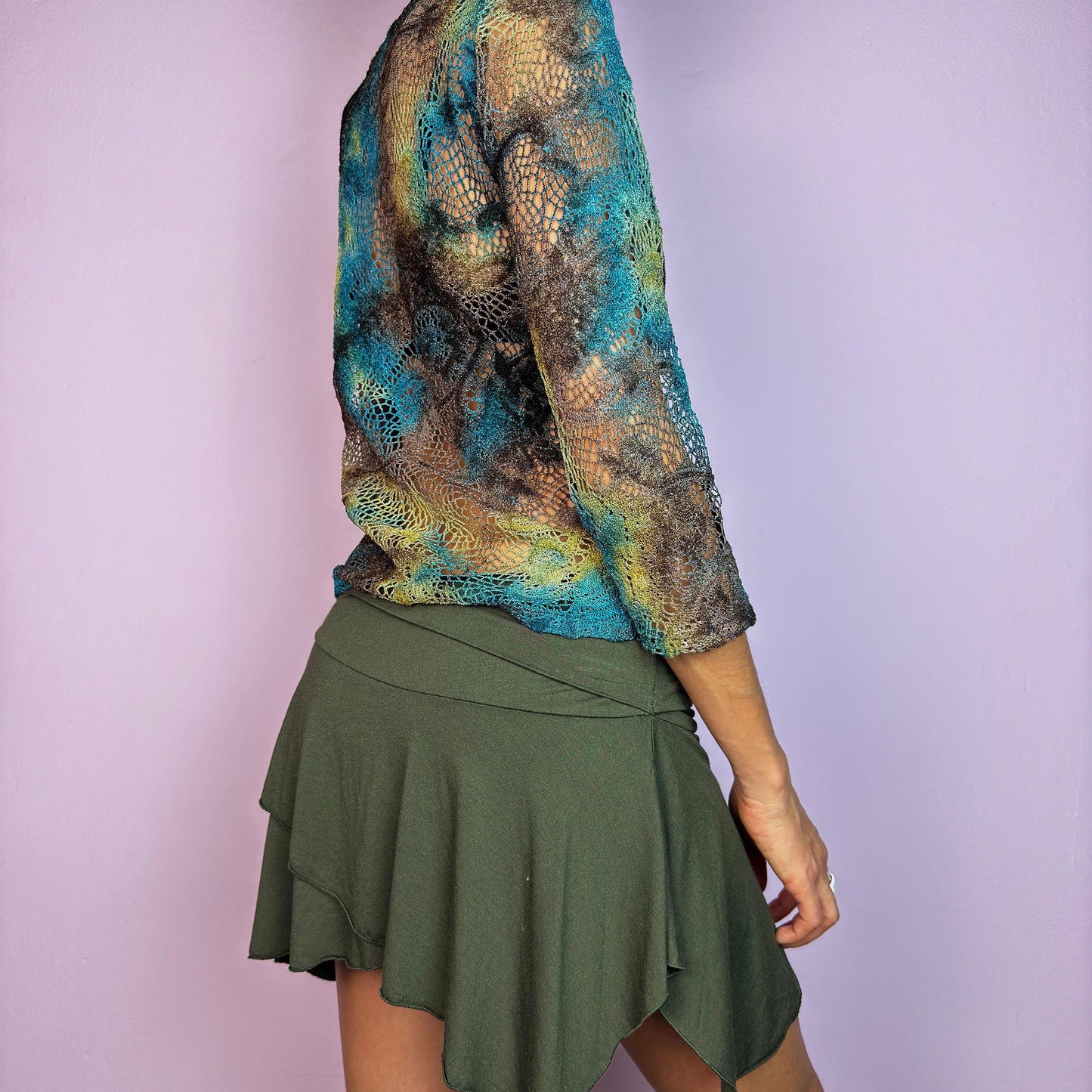 Vintage Y2K Tie Dye Mesh Sheer Open Knit Top – Size S