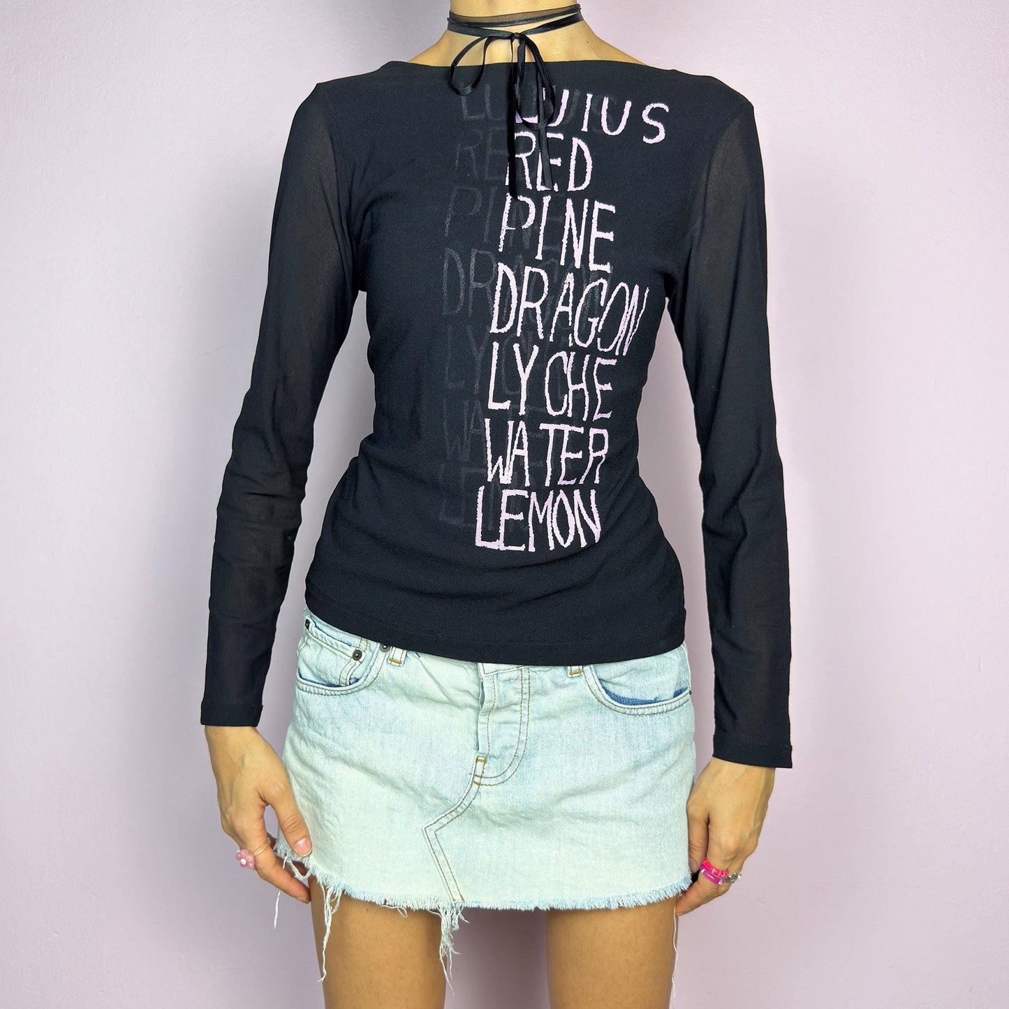 The Y2K Black Text Mesh Top is a vintage 2000s piece featuring a sheer mesh design with long sleeves, a scoop neckline and a words lettering print. Ideal for casual outfits. adult world shop