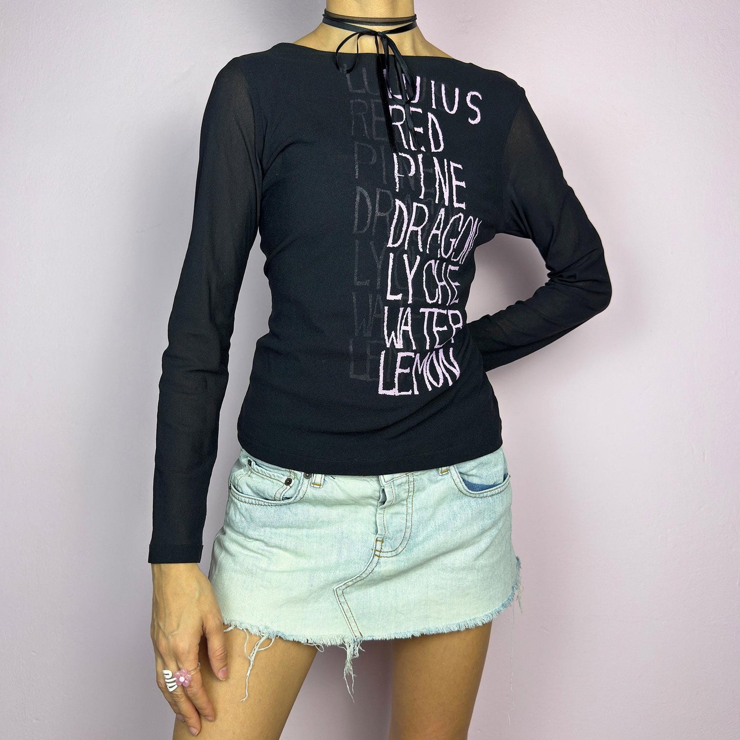 The Y2K Black Text Mesh Top is a vintage 2000s piece featuring a sheer mesh design with long sleeves, a scoop neckline and a words lettering print. Ideal for casual outfits. adult world shop