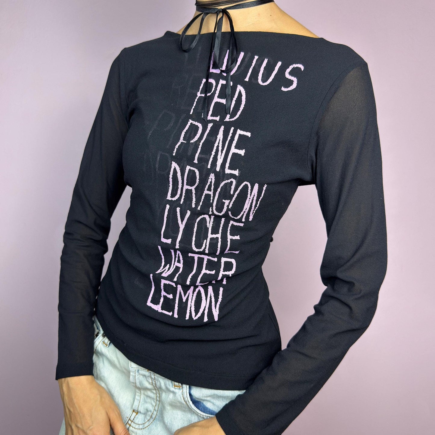 The Y2K Black Text Mesh Top is a vintage 2000s piece featuring a sheer mesh design with long sleeves, a scoop neckline and a words lettering print. Ideal for casual outfits. adult world shop