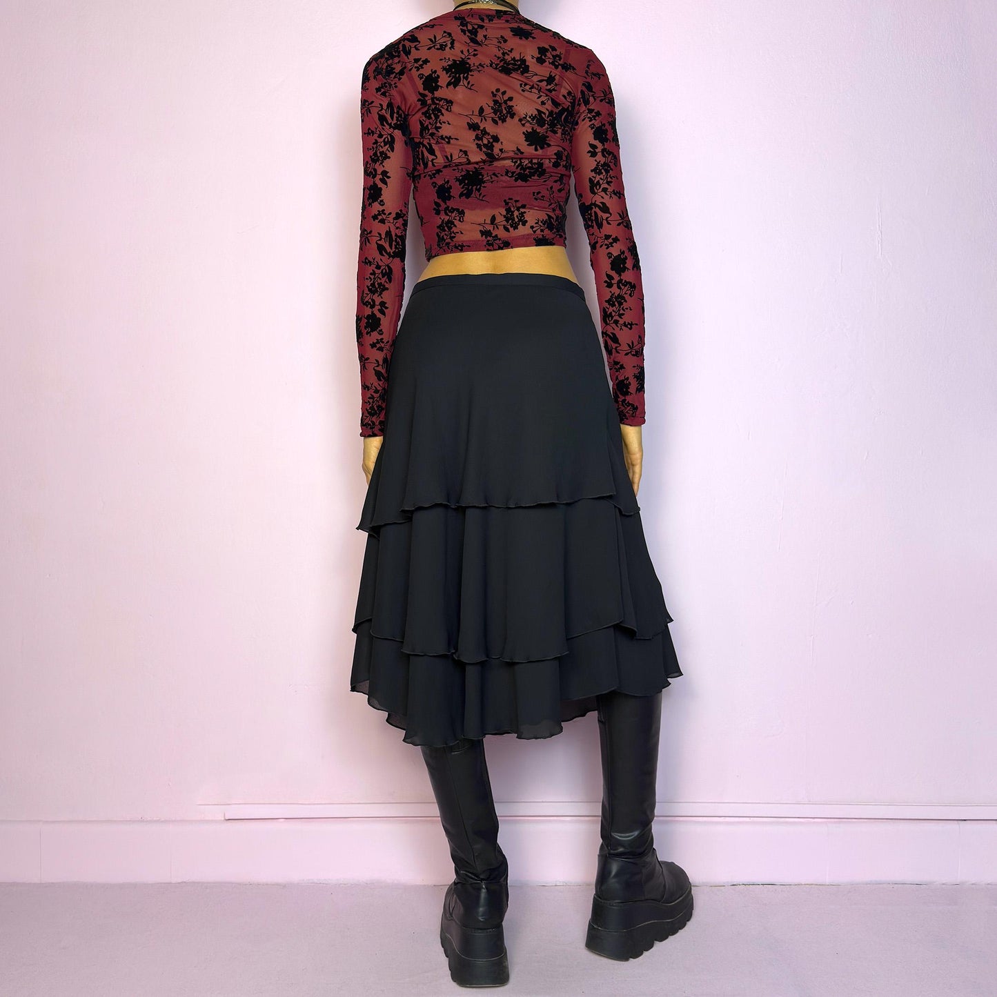 Vintage 90s Black Layered Tiered Midi Skirt – Size M