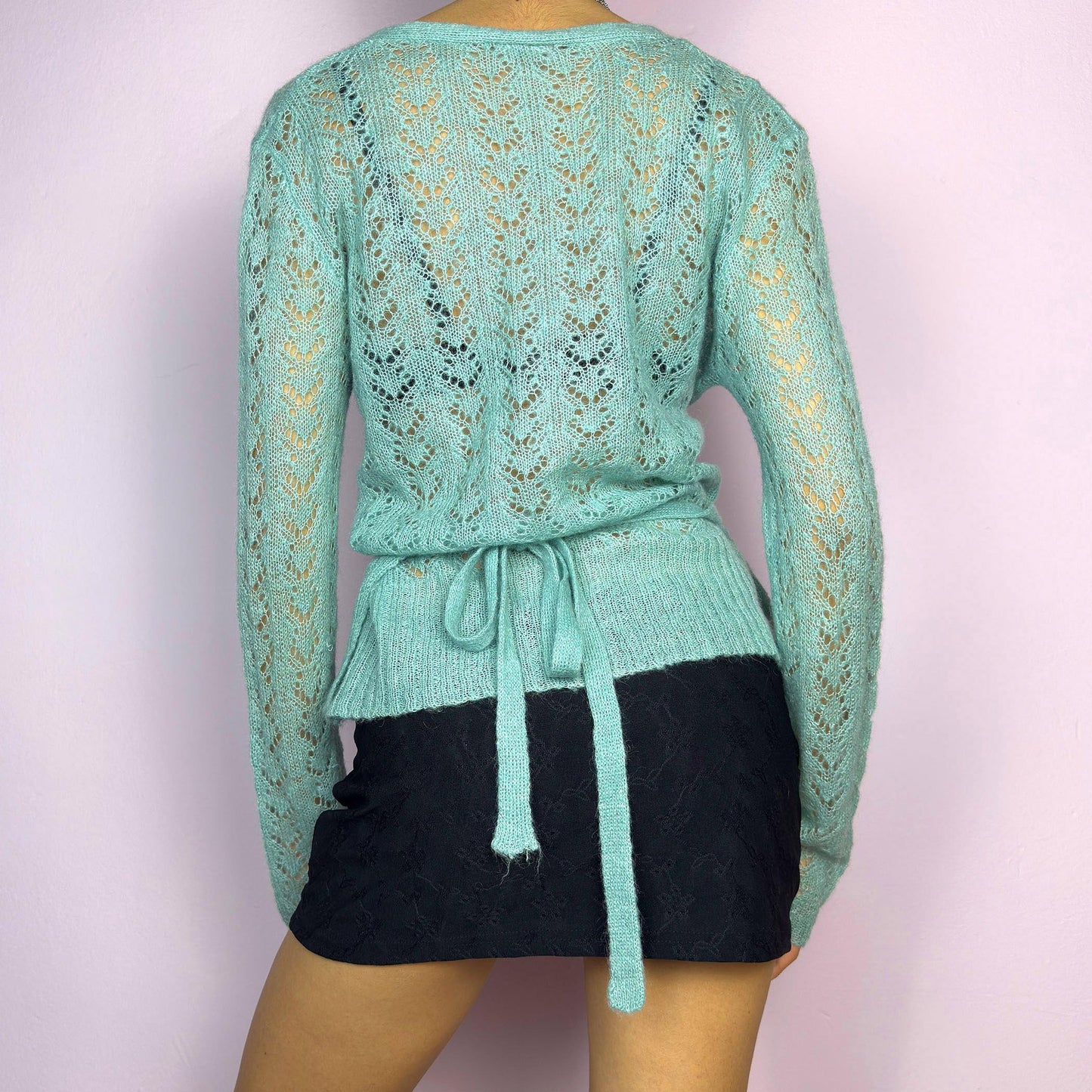 Vintage Y2K Blue Open Knit Wrap Tie Back Cardigan – Size L