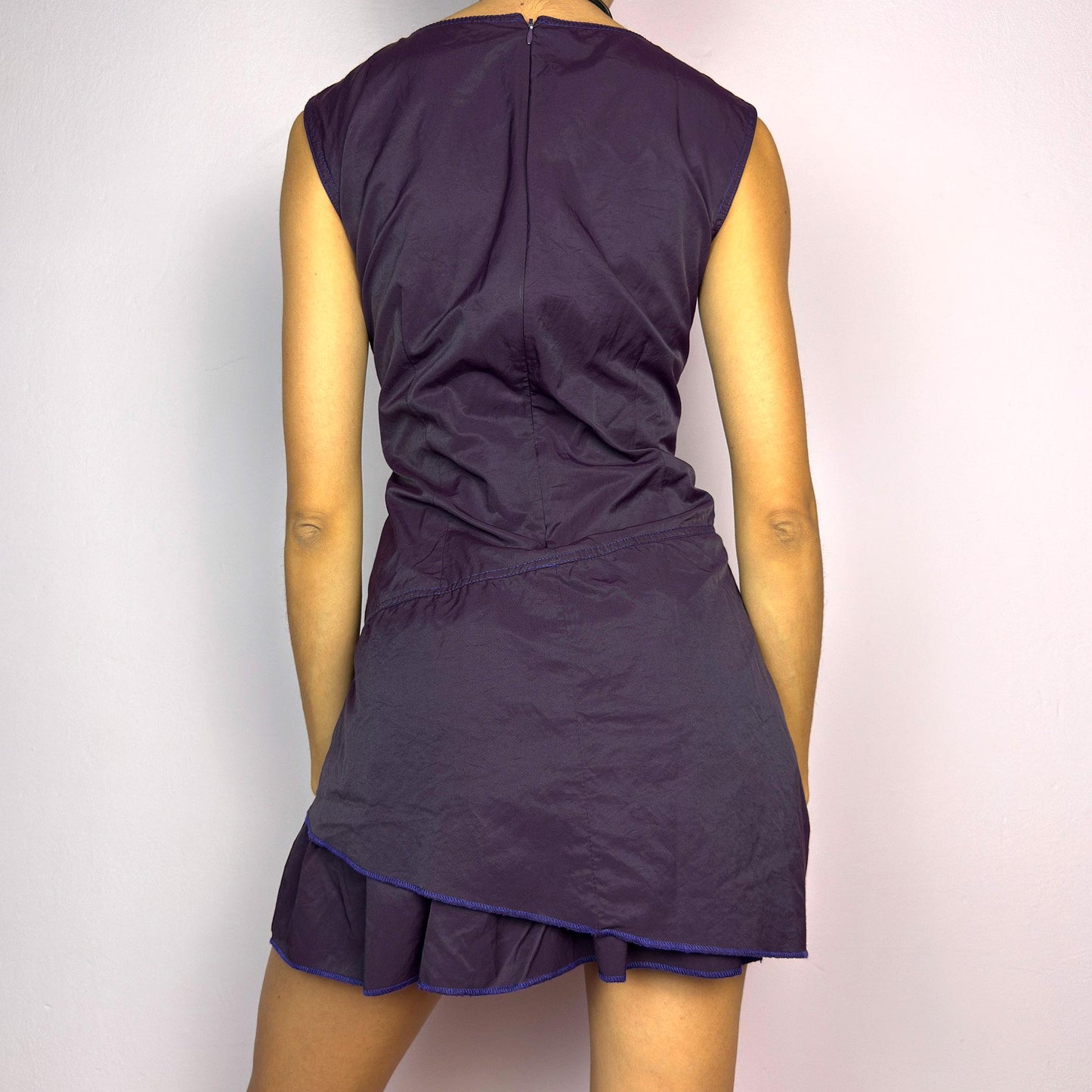 Vintage Y2K Purple Layered Ruched Asymmetric Mini Dress – Size L