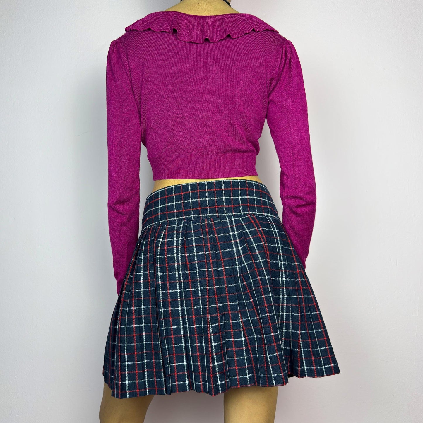 Vintage Y2K Plaid Pleated Navy Wrap Mini Skirt – Size L