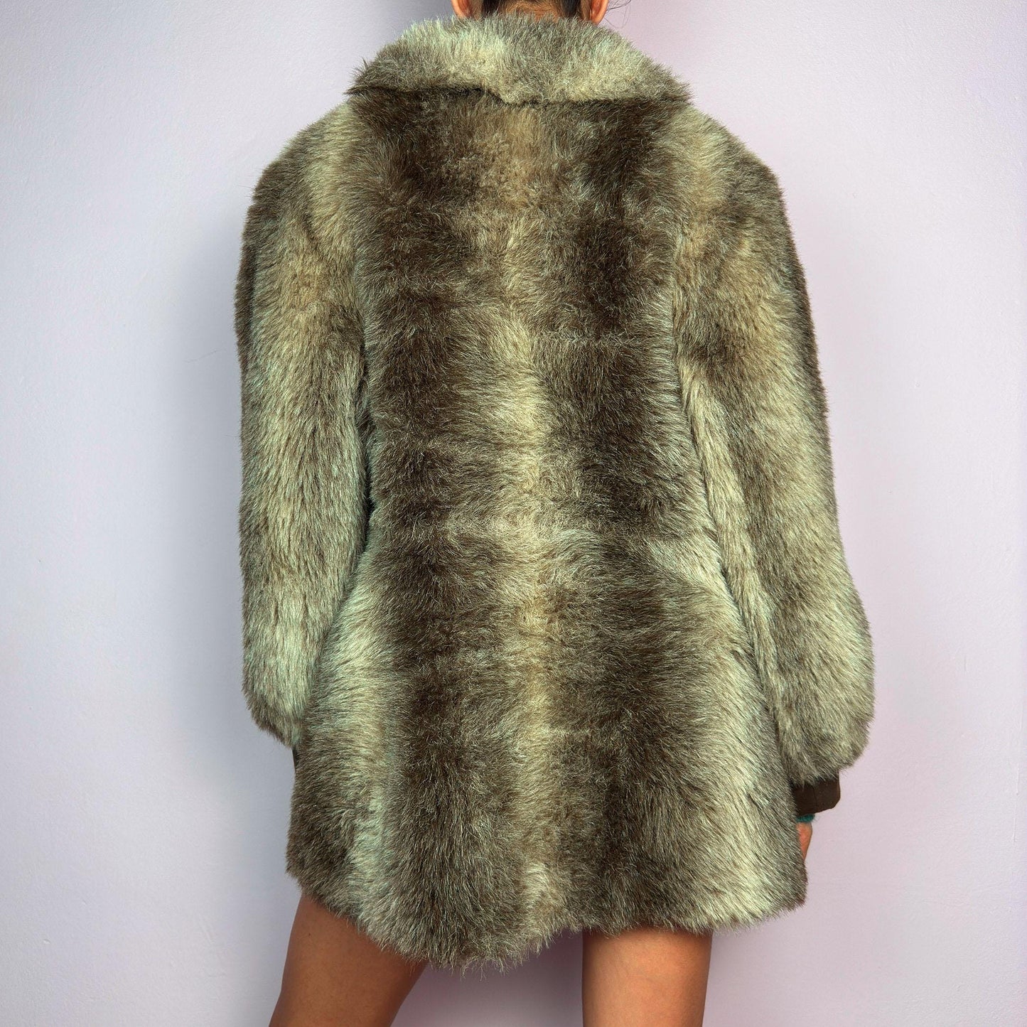 Vintage 90s Brown Beige Faux Fur Coat – Size M