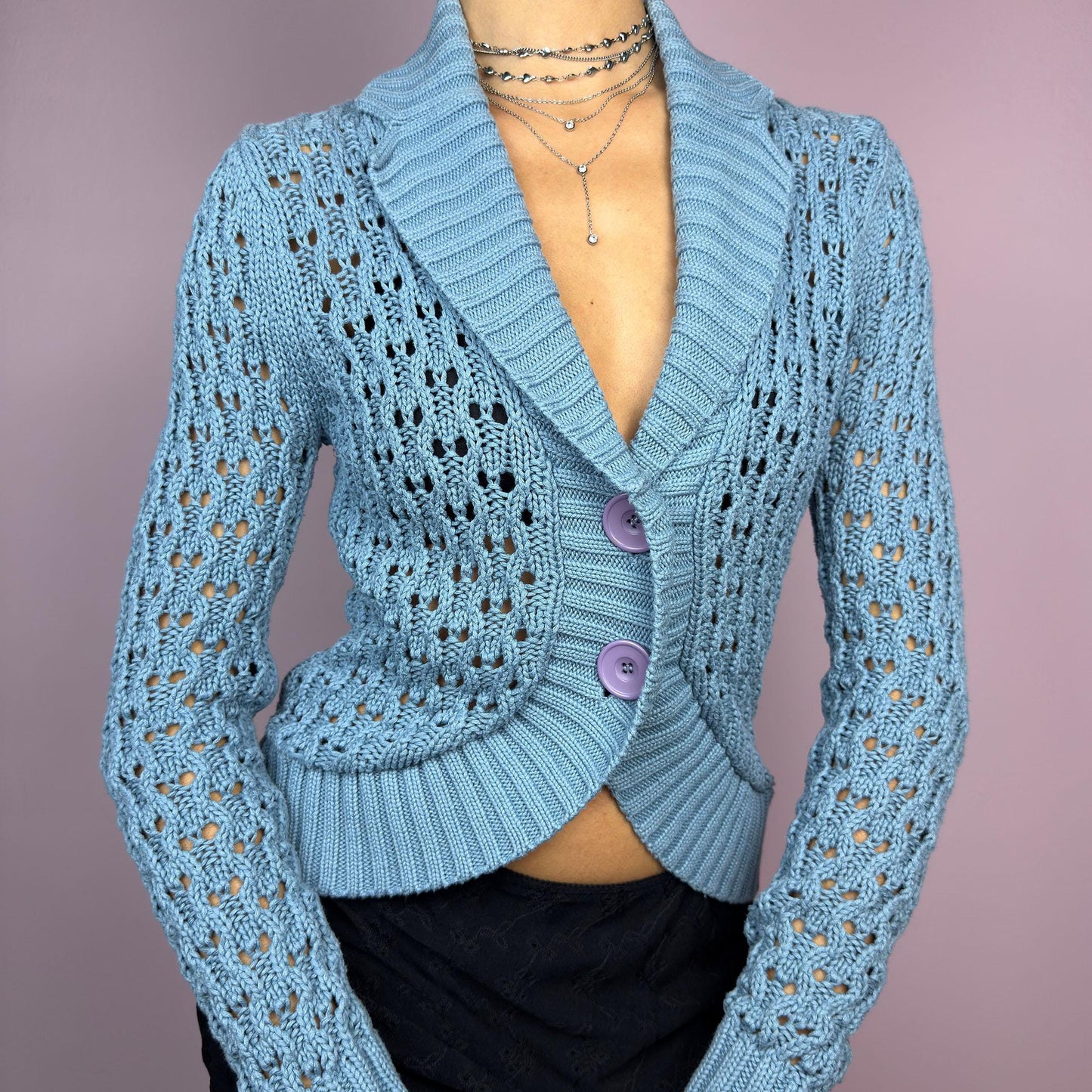 The Y2K Blue Open Knit Cardigan is a vintage 2000s charming and cozy bolero. This cropped cardigan features a textured open-knit design, a light blue tone and large buttons on the front. Perfect for layering to create a casual. adult world shop