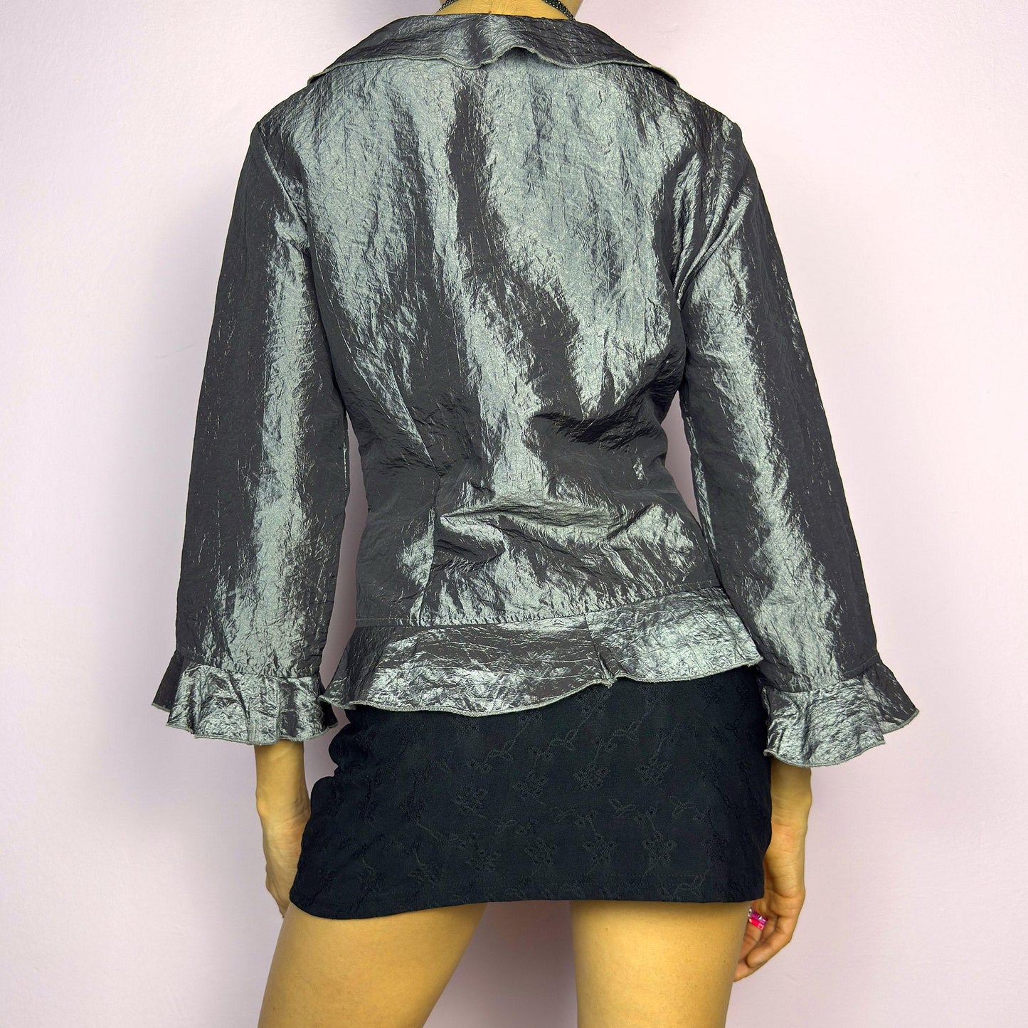 Vintage 90s Gray Iridescent Ruffle Crinkled Metallic Blouse – Size M