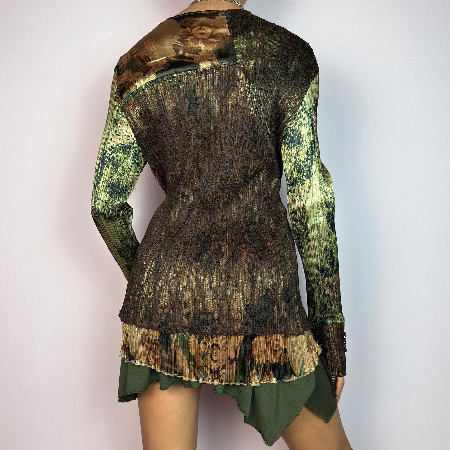 Vintage Y2K Asymmetric Patchwork Brown Green Lace Top – Size L