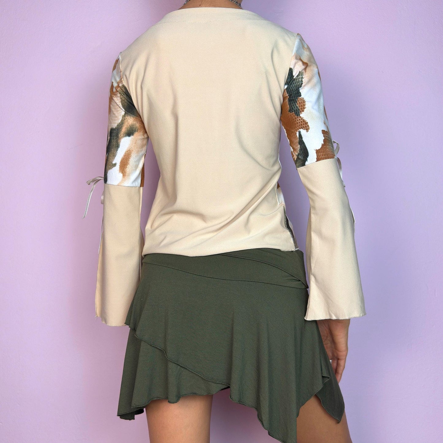 Vintage Y2K Beige Lace Up Bell Sleeve Abstract Print Top – Size S