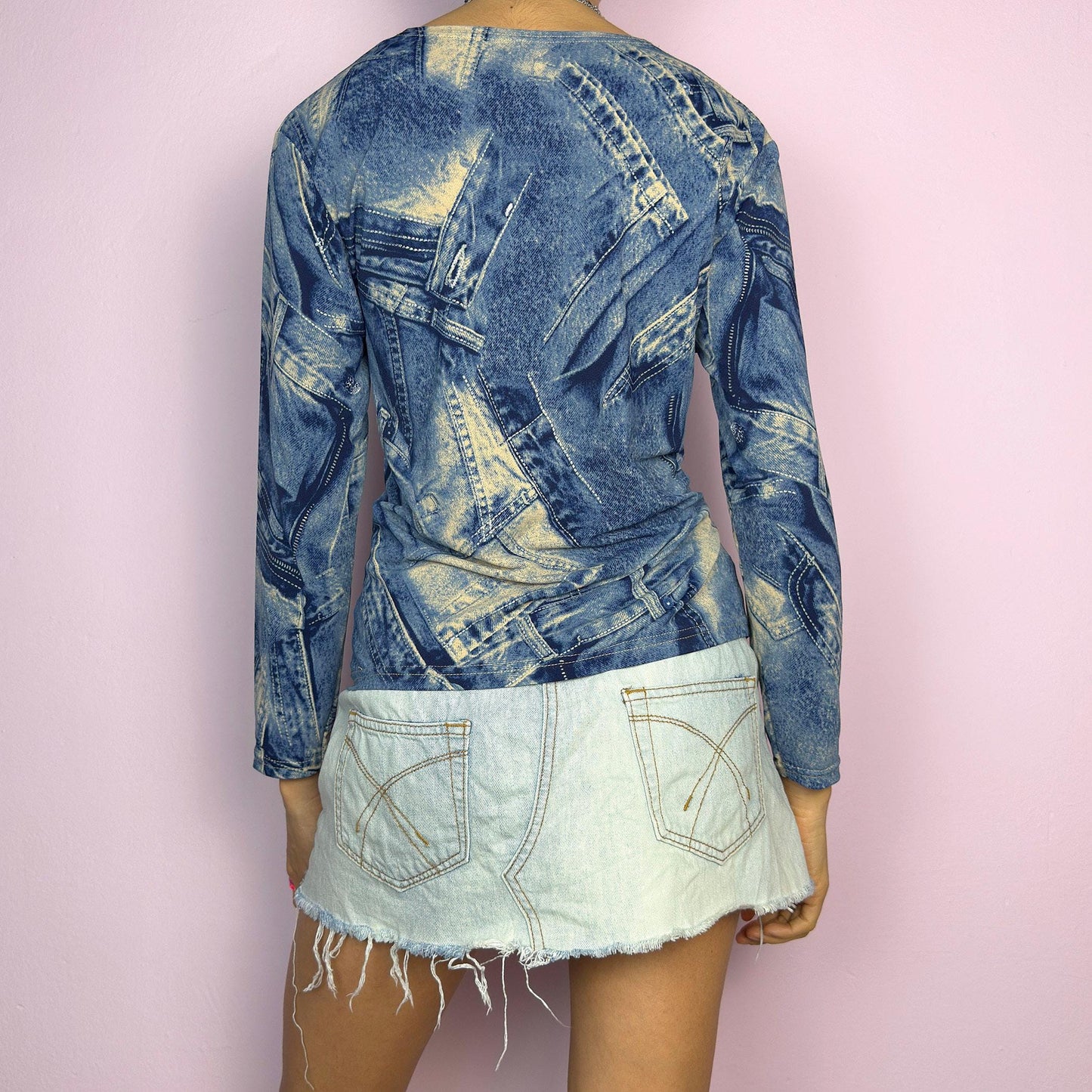 Vintage Y2K Trompe L’Oeil Denim Print Top – Size L