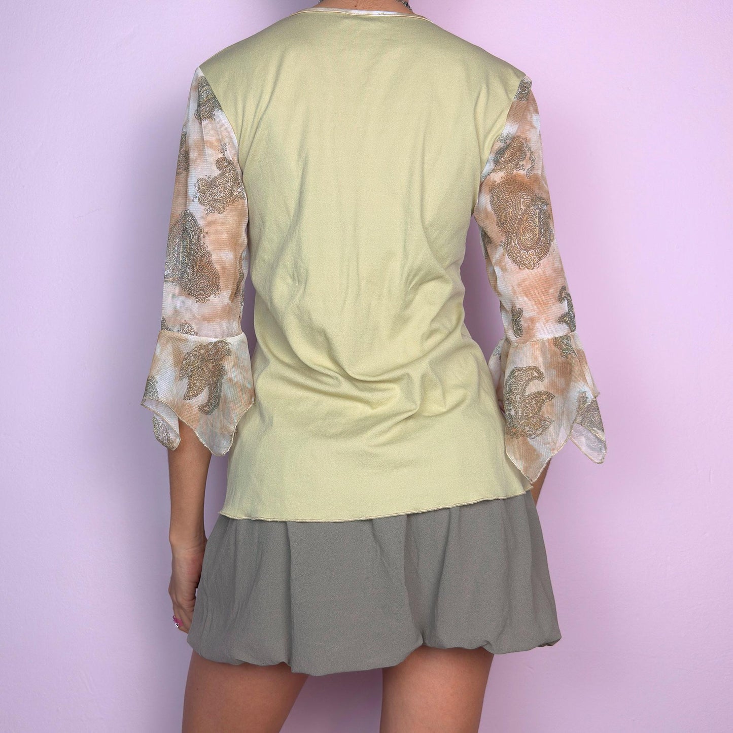 Vintage Y2K Beige Bell Sleeve Paisley Sheer Mesh Tie Neck Top – Size L