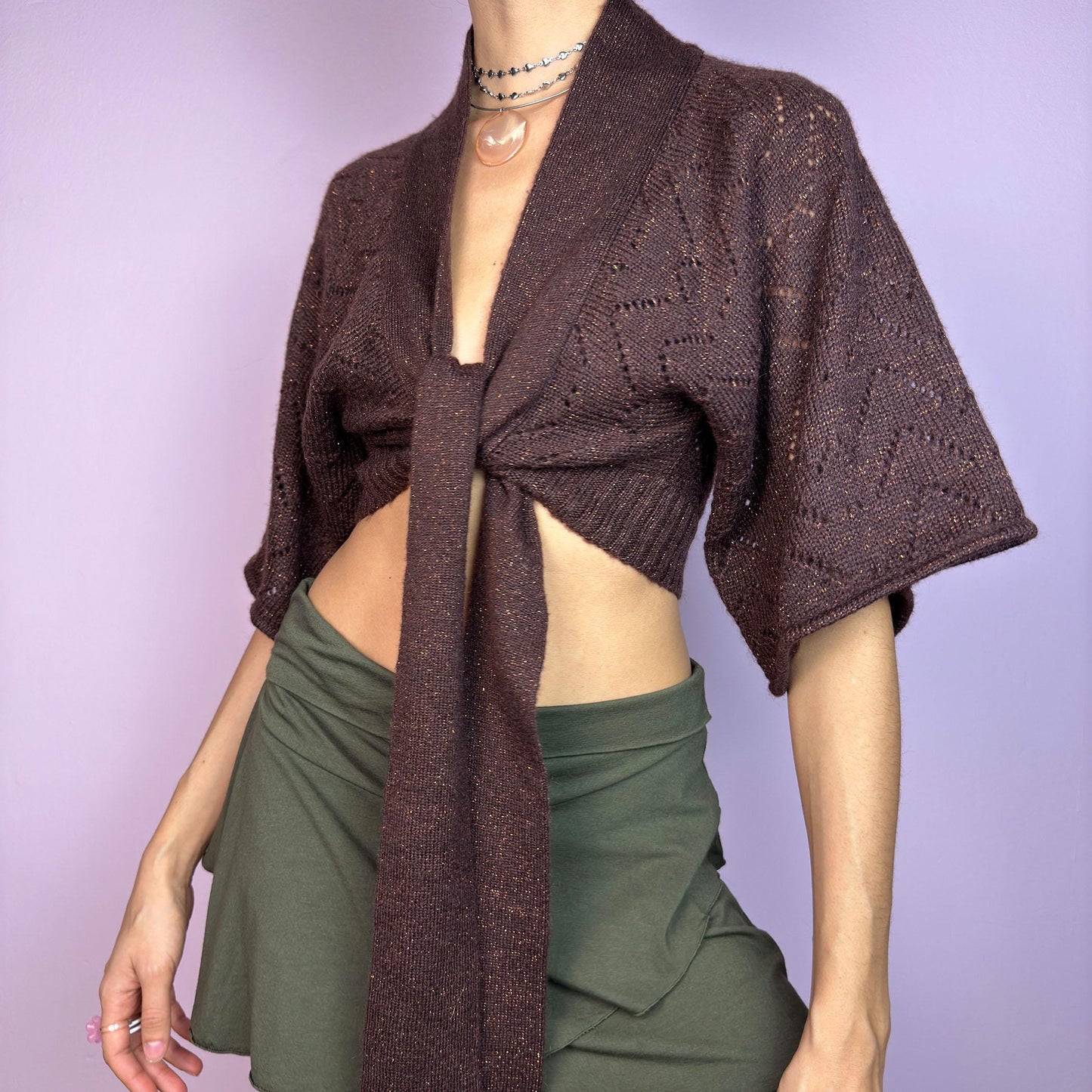 Vintage Y2K Brown Knit Tie Front Cropped Cardigan Bolero – Size L