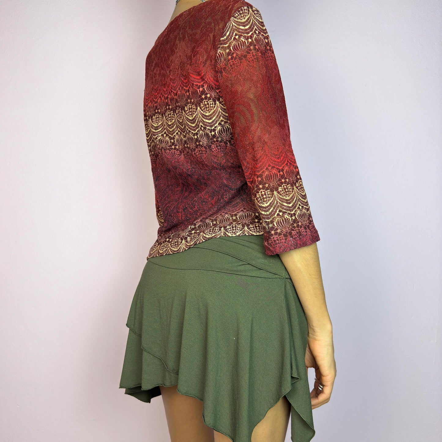 Vintage Y2K Maroon Burgundy Lace Ruffle Mesh Top – Size L