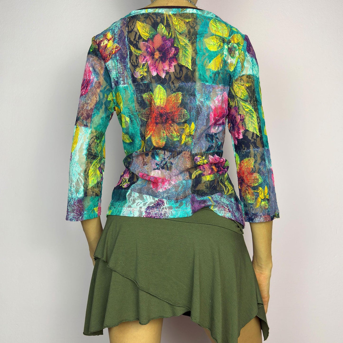 Vintage Y2K Floral Painting Print Sheer Artistic Lace Mesh Top – Size L