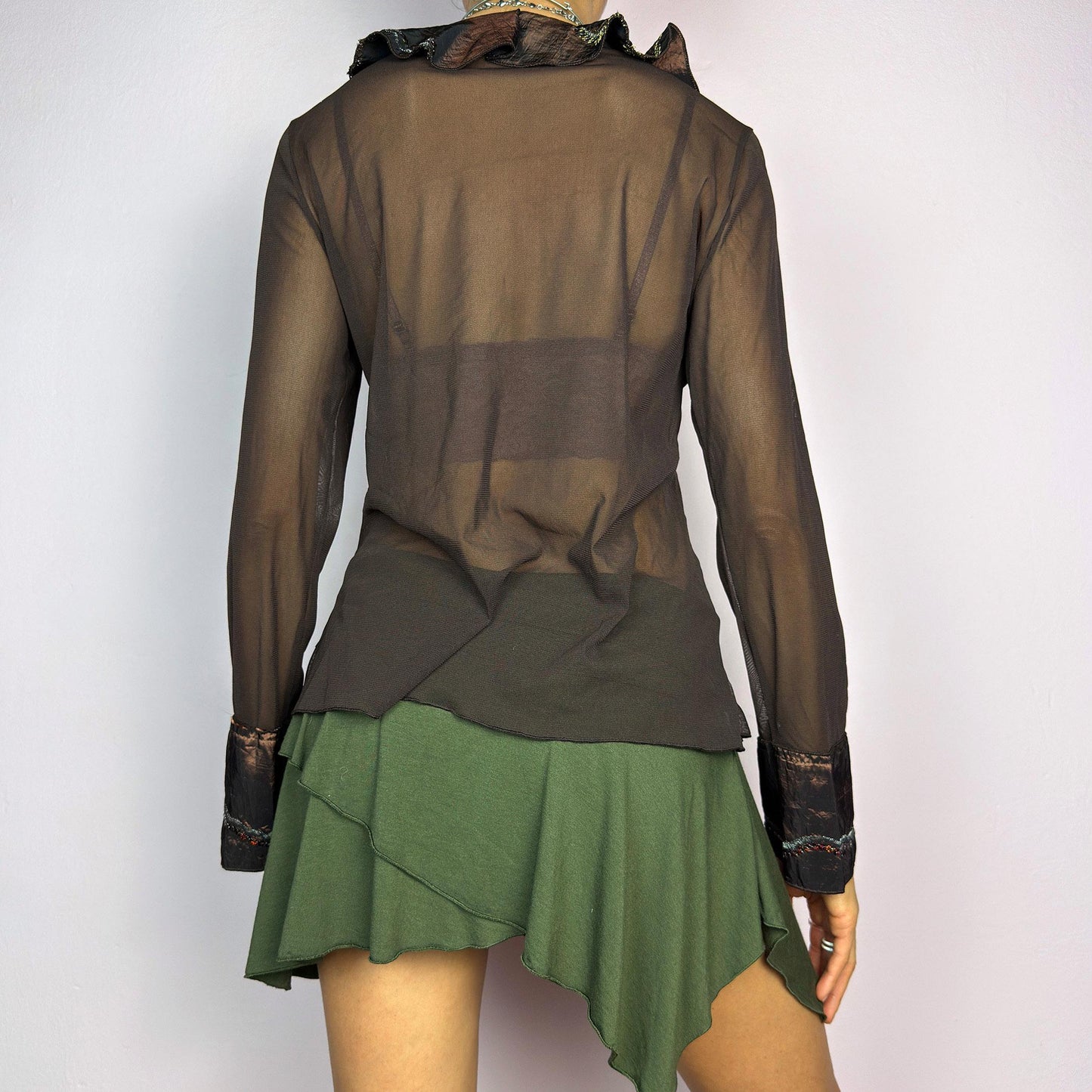 Vintage Y2K Brown Mesh Tie Front Top – Size L