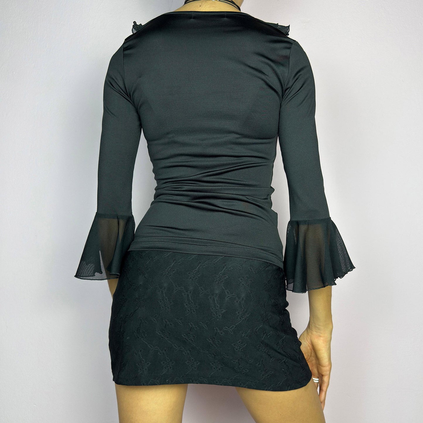 Vintage Y2K Black Ruffle Bell Sleeve Sheer Mesh Top – Size XXS