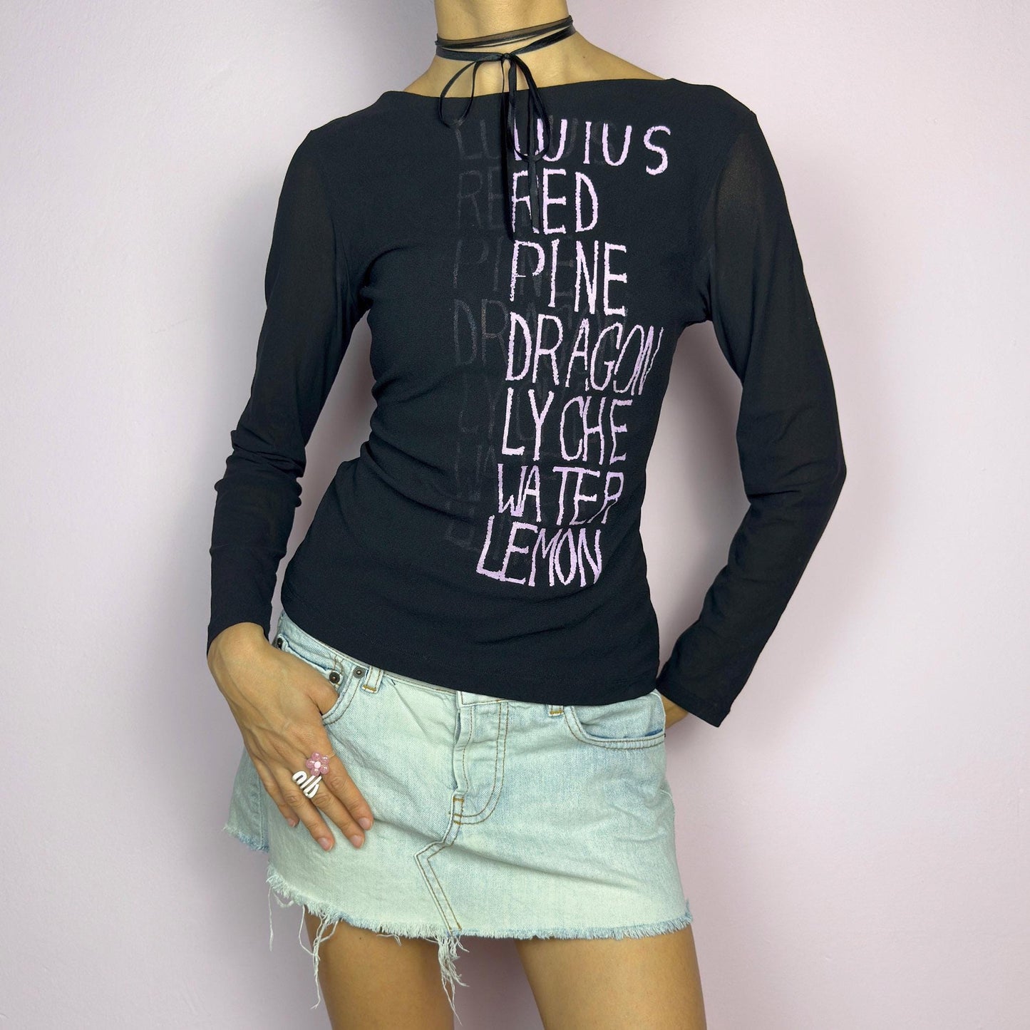 The Y2K Black Text Mesh Top is a vintage 2000s piece featuring a sheer mesh design with long sleeves, a scoop neckline and a words lettering print. Ideal for casual outfits. adult world shop
