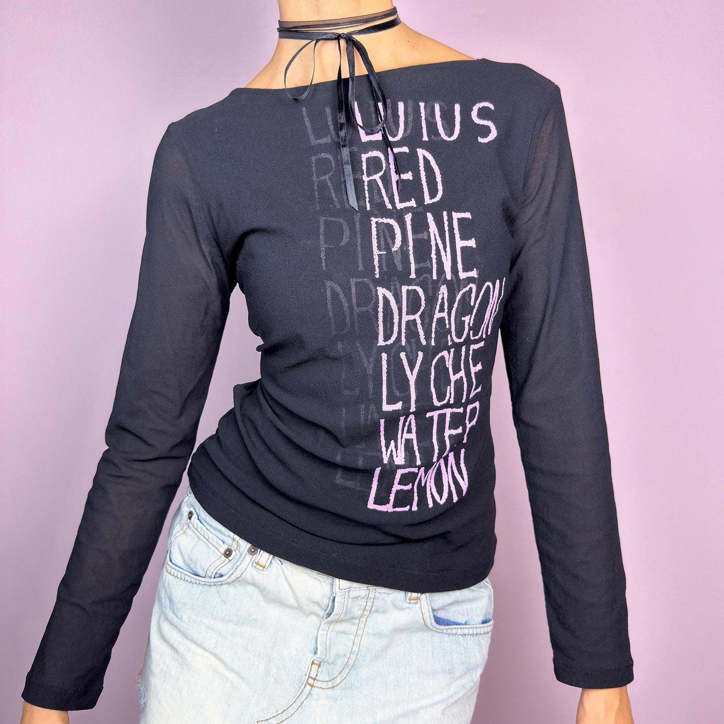 The Y2K Black Text Mesh Top is a vintage 2000s piece featuring a sheer mesh design with long sleeves, a scoop neckline and a words lettering print. Ideal for casual outfits. adult world shop
