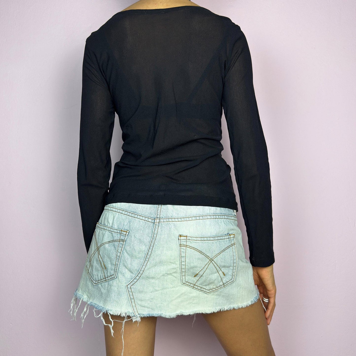 Vintage Y2K Black Text Print Mesh Sheer Top – Size M