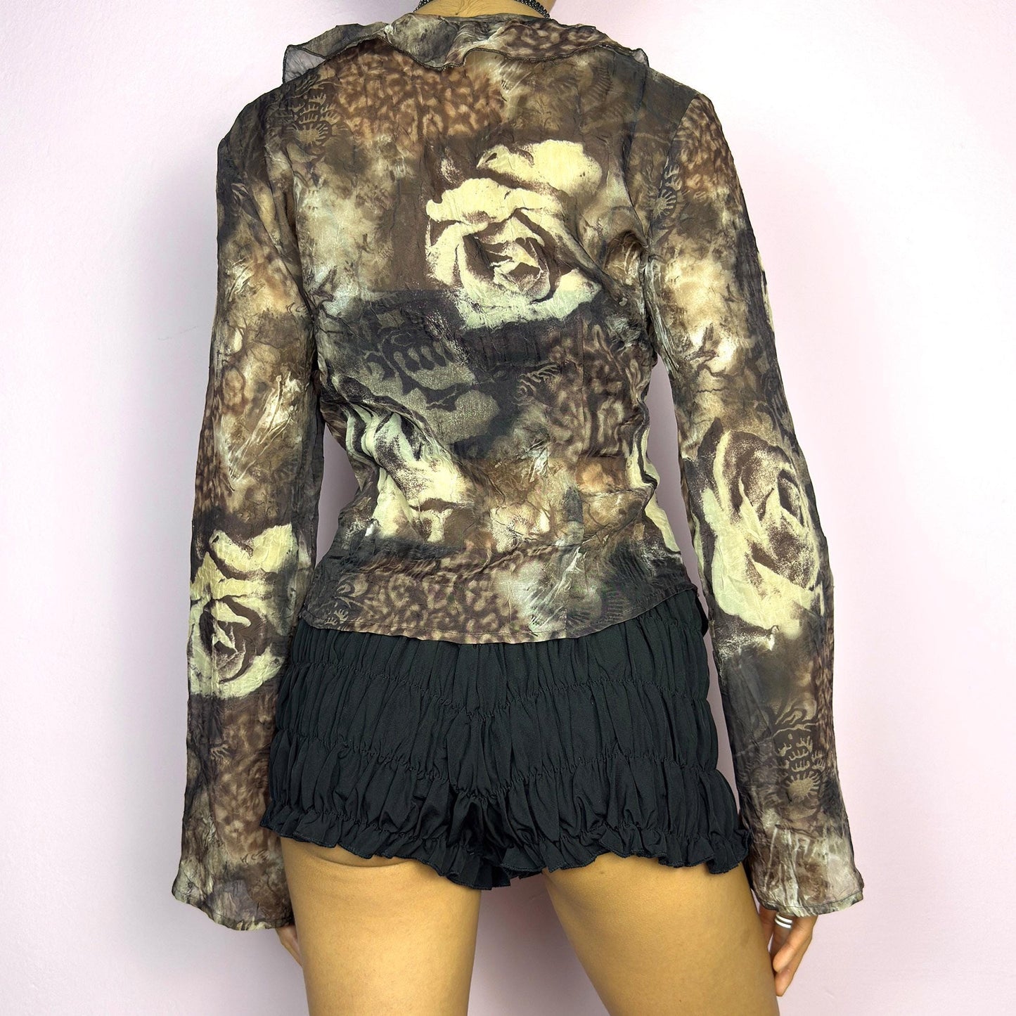 Vintage Y2K Printed Ruffle Blouse – Size M