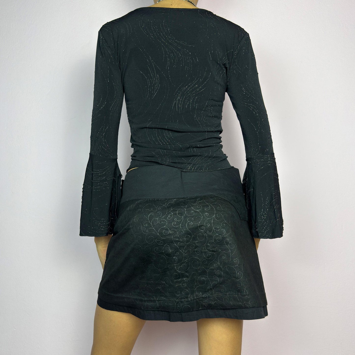 Vintage Y2K Floral Wrap Mini Black Skirt – Size S