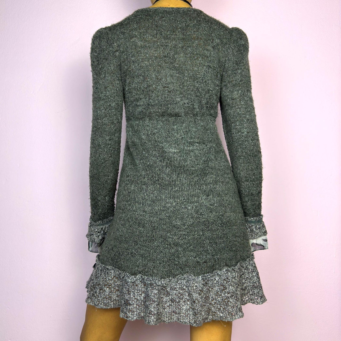 Vintage Y2K Gray Ruffle Knit Mini Dress – Size S