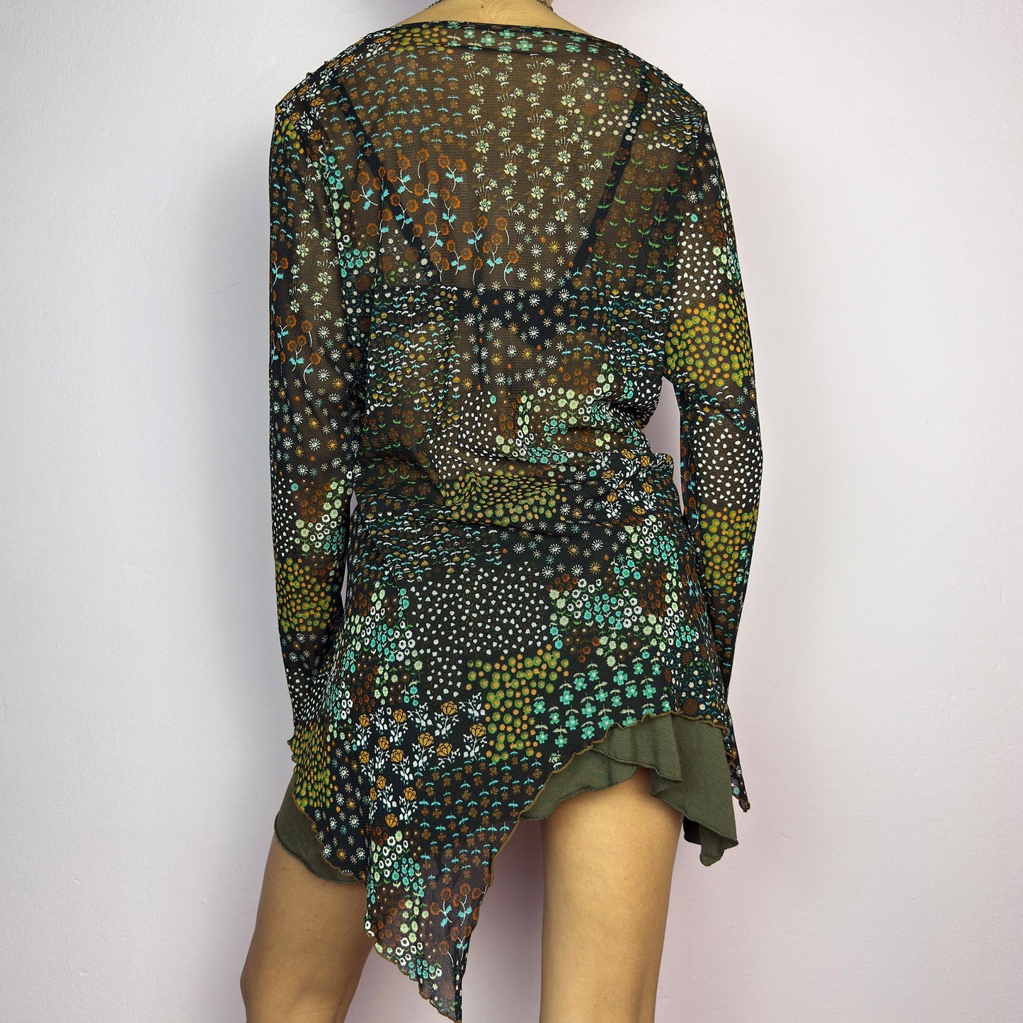 Vintage Y2K Black Asymmetric Floral Sheer Mesh Top – Size XL