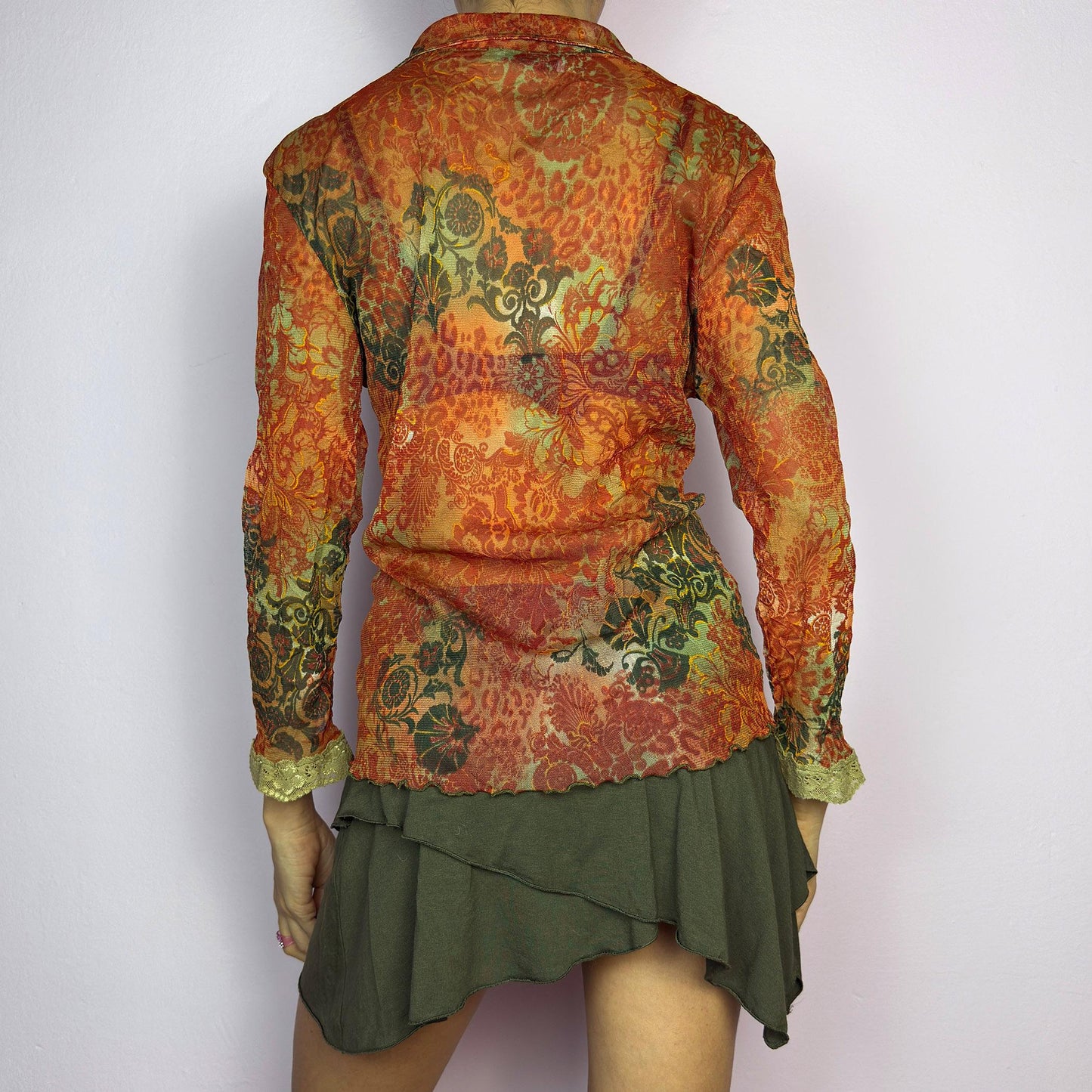 Vintage Y2K Baroque Floral Sheer Mesh Blouse – Size XL