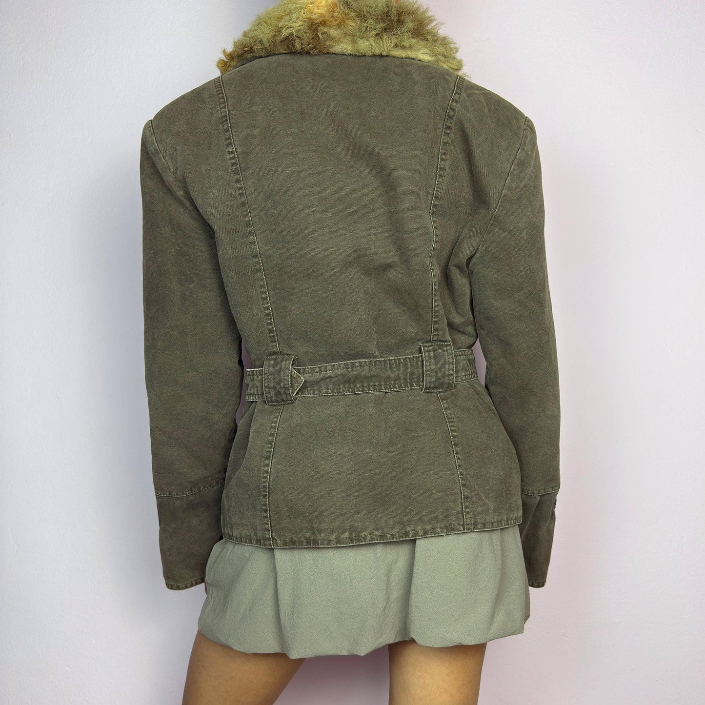 Vintage Y2K Khaki Belted Utility Faux Shearling Collar Jacket – Size M