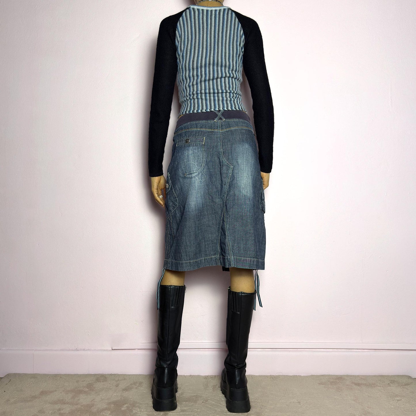 Vintage Y2K Deconstructed Denim Slit Front Midi Skirt – Size S
