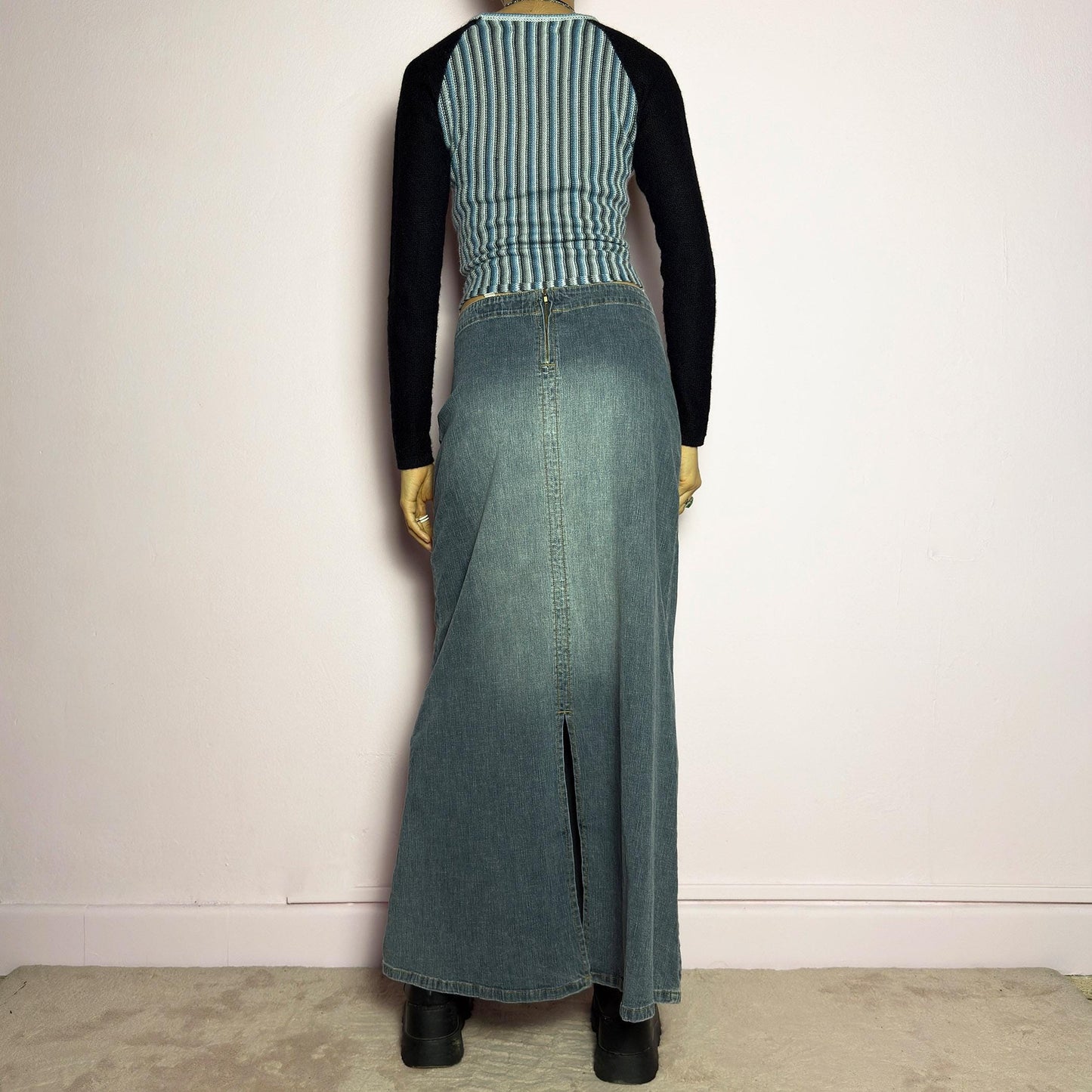Vintage Y2K Denim Paneled Flared Maxi Skirt – Size M
