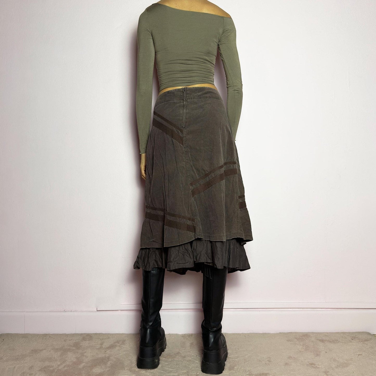 Vintage Y2K Brown Layered Asymmetric Wrap Ruffle Corduroy Midi Skirt – Size L