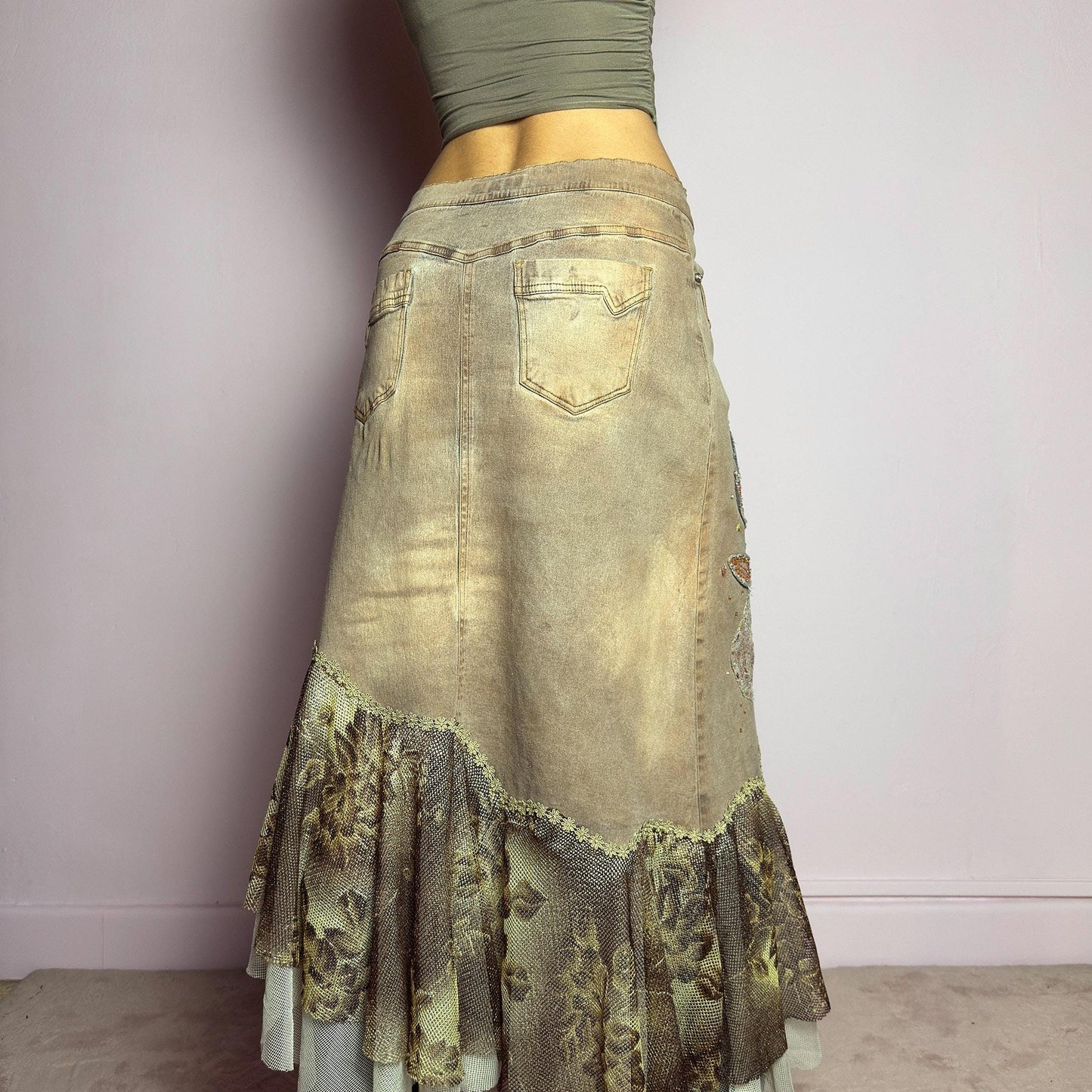 Vintage Y2K Denim Asymmetric Ruffle Midi Skirt, Embellished – Size S
